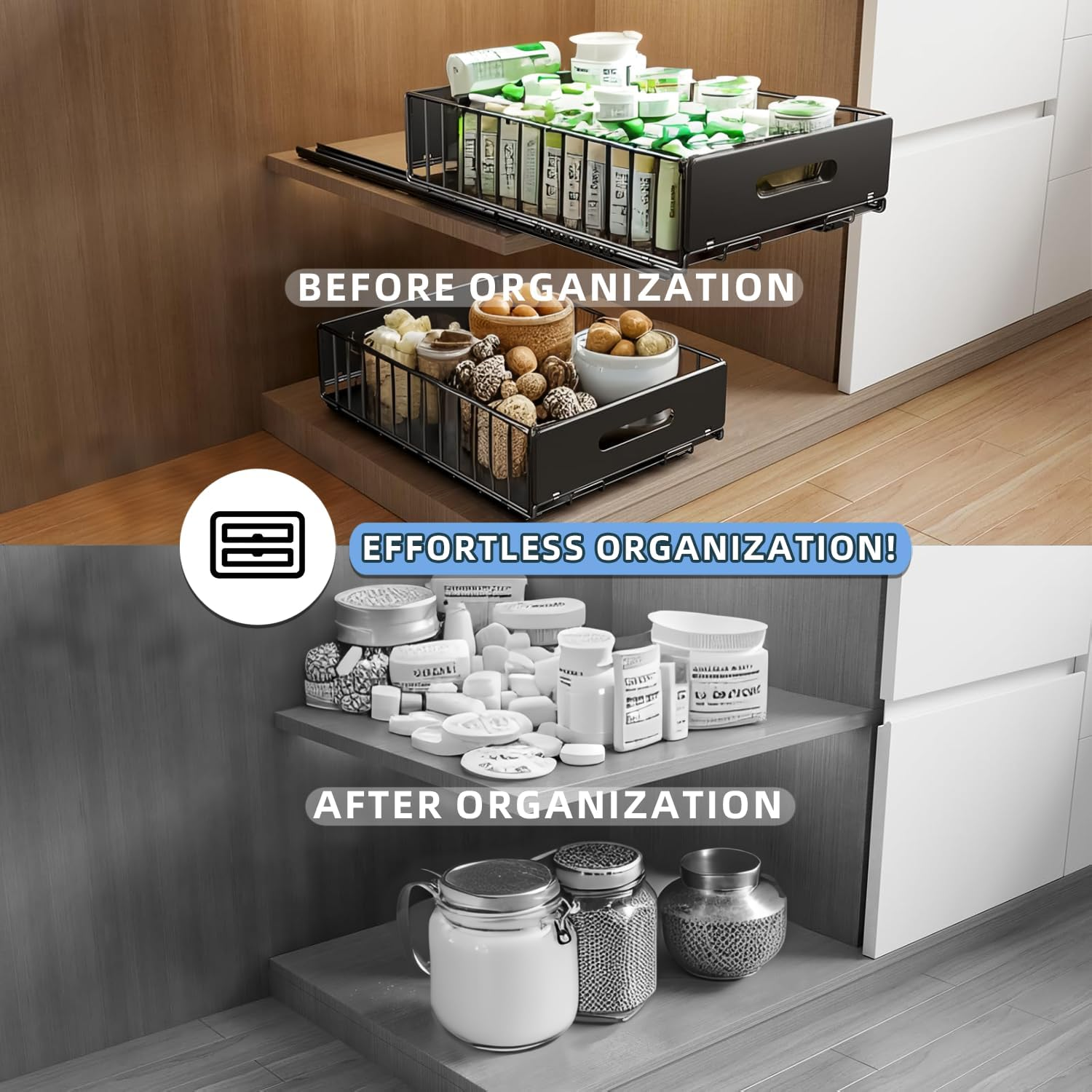 AVITONG 2 Pack Pull Out Cabinet Organiser Basket Set, Slide-Out Storage Drawers for Kitchen Pantry, Adhesive Installation, 1 Large + 1 Small Set, No Drilling image number 2