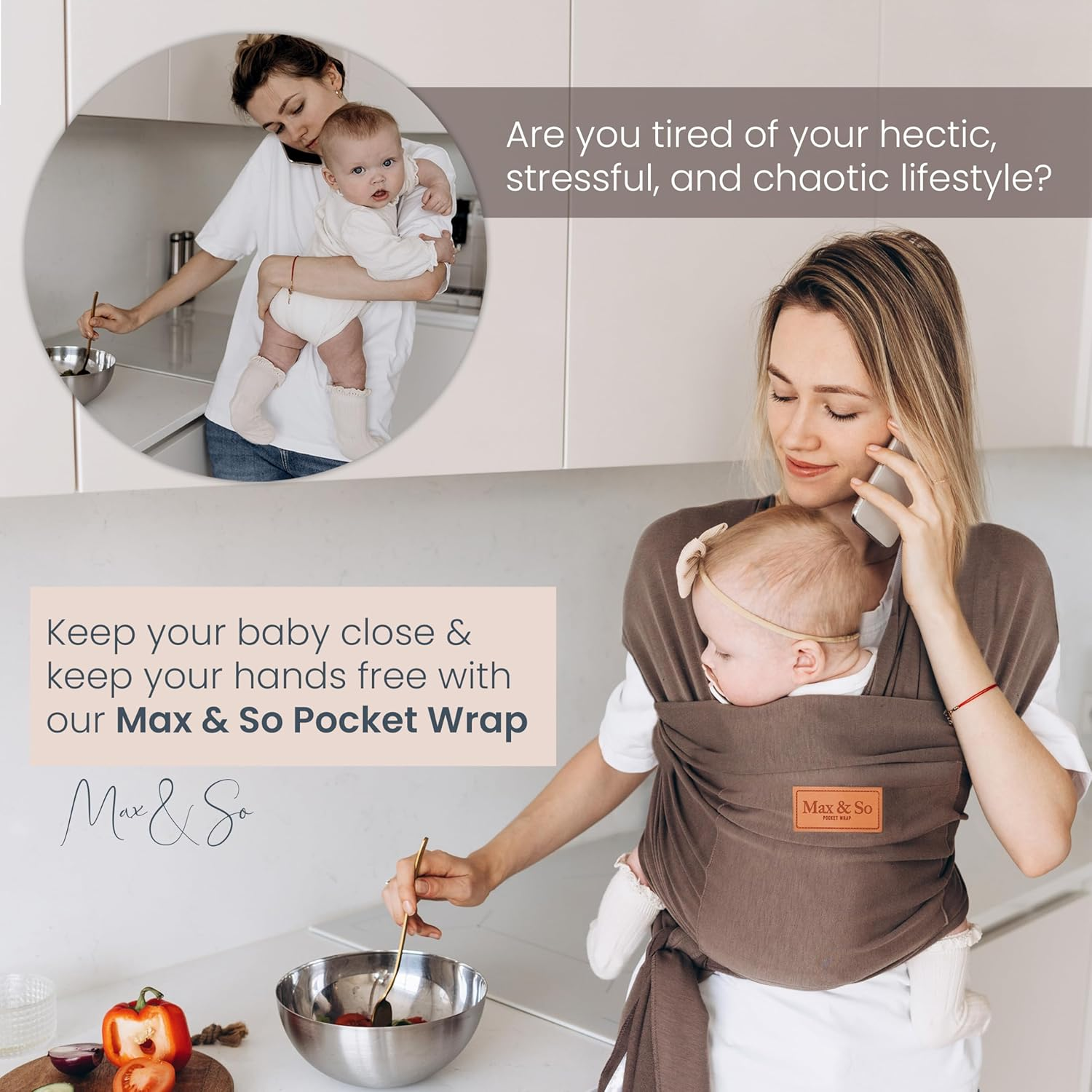 Baby Wrap Carrier - Premium Cotton Baby Carrier Wrap for Newborn to Toddler- Infant Carrier for Babies 8-35 Lb - Baby Holder One Size Fits All with Front Pocket by Max&So