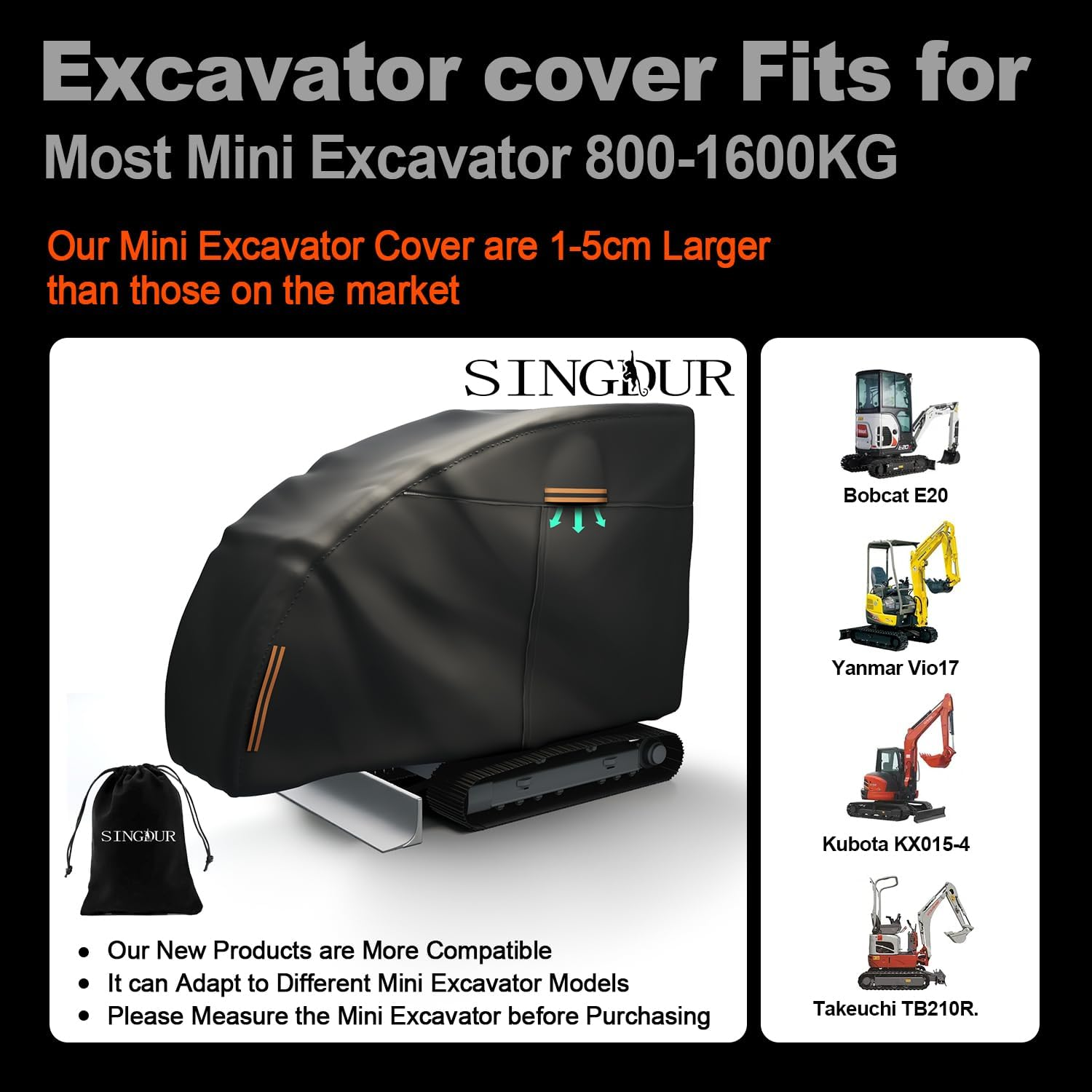 Mini Excavator Cover，Mini Excavator Covers Waterproof Heavy Duty for Bobcat/Kubota/John Deere 17 P/Takeuchi/Yanmar，600D Oxford Cloth Waterproof, UV Protection, Dustproof, Universal Cover image number 2
