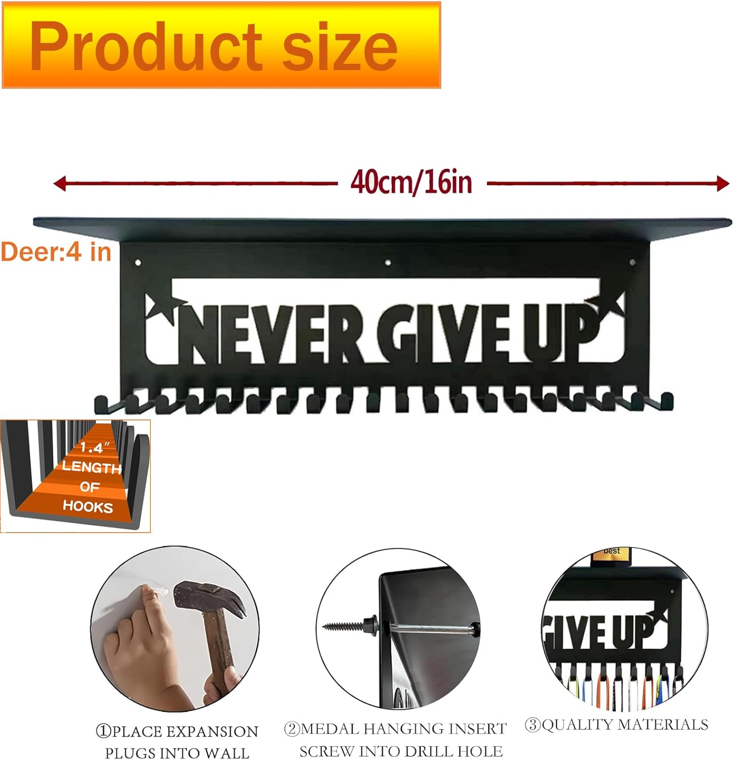 Medal Hanger Display,Trophy Shelf Medal Display Holder with 20 Hooks,Metal Awards Rack for Walls Holds,Race Medal Display Upgraded Medal Holder Display for Gymanstics,Soccer,Swim,Run image number 1