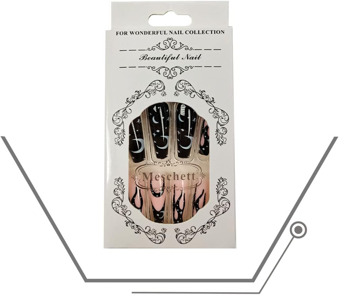 Coffin Press on Nails 24PCS Extra Long Ballerina False Nails Glossy Black Fake Nail Tips with Moon Star Design ​For Women Girls Party Salon