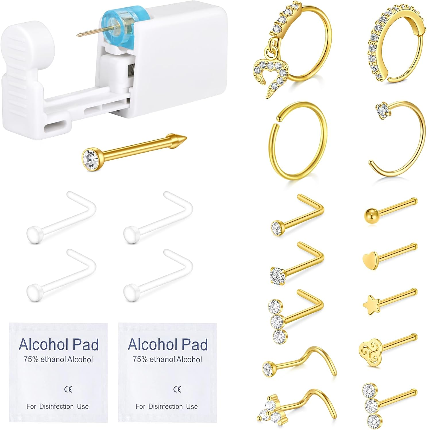 QWALIT Gold Nose Piercing Kit with Disposable Gun and Rings image number 4