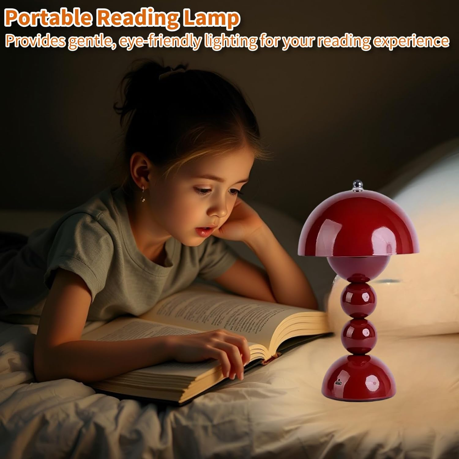 Cordless Table Lamp, 3-Color Dimmable & Touch Control Bedsied Rechargeable Desk Light, Portable Battery Powered Mushroom Lamp for Bedroom Nightstand, Kitchen, Office, Outdoor Decor (Drak Red) - Red image number 3