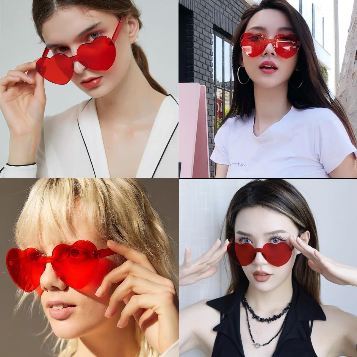 2PCS Heart Shape Sunglasses Rimless Transparent Heart Glasses Colorful Party Favors (Red)