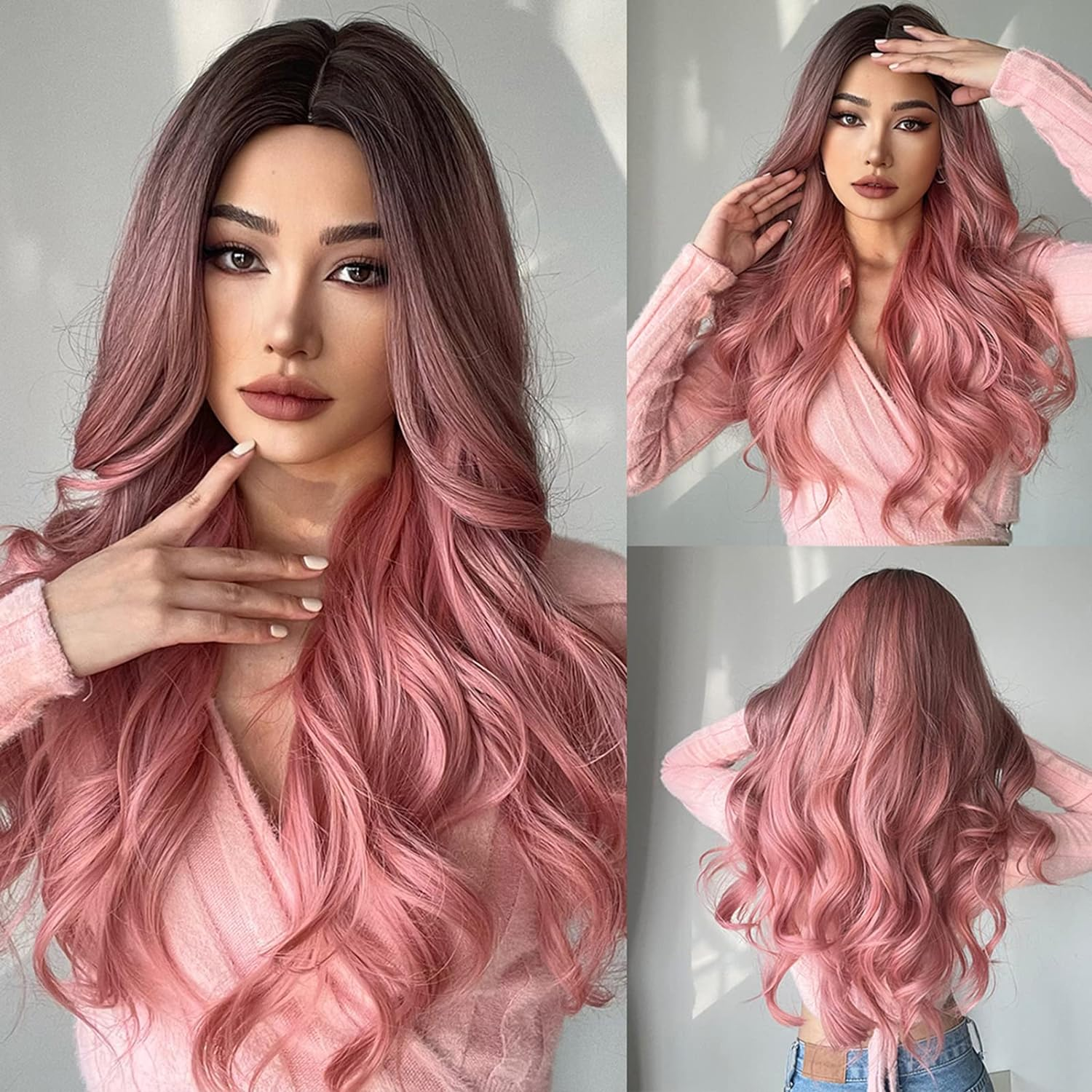 Eacam Pink Wigs Long Curly Wavy Hair Wigs for Women Wig Synthetic Straight Cos Wigs Heat Resistant Synthetic Hair Pink Curly Wavy Wig for Party Cosplay Daily Use image number 3