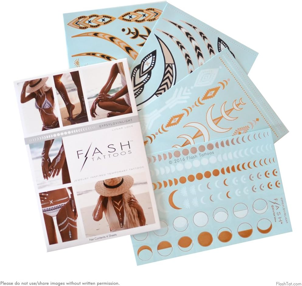 Flash Tattoos Lunar Love Authentic Metallic Temporary Tattoos 4 Sheet Pack (Black/Gold/Silver/White) - Includes over 38 Premium Waterproof Tattoos image number 2