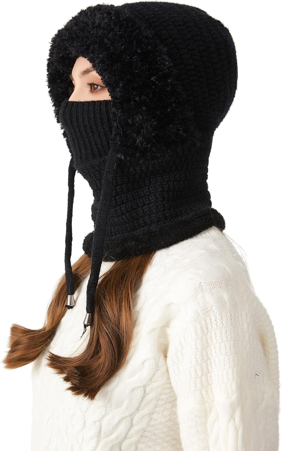 KEOYA Women'S Knit One-Piece Hat with Scarf Elastic Face Mask Fleece Balaclava with Drawstring Winter Warm Ski Beanie Cap image number 1