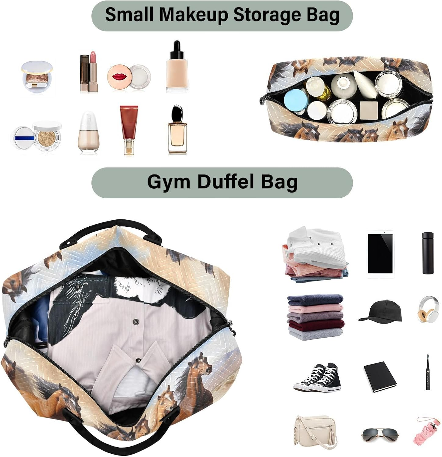 XYMZR Large Travel Duffel Bag, Horse Herd in Desert Sports Tote Gym Bag, Shoulder Weekender Overnight Bag for Women Men, Carry on Luggage with Toiletry Bags, Multi-Colored, Multi-Colored image number 2