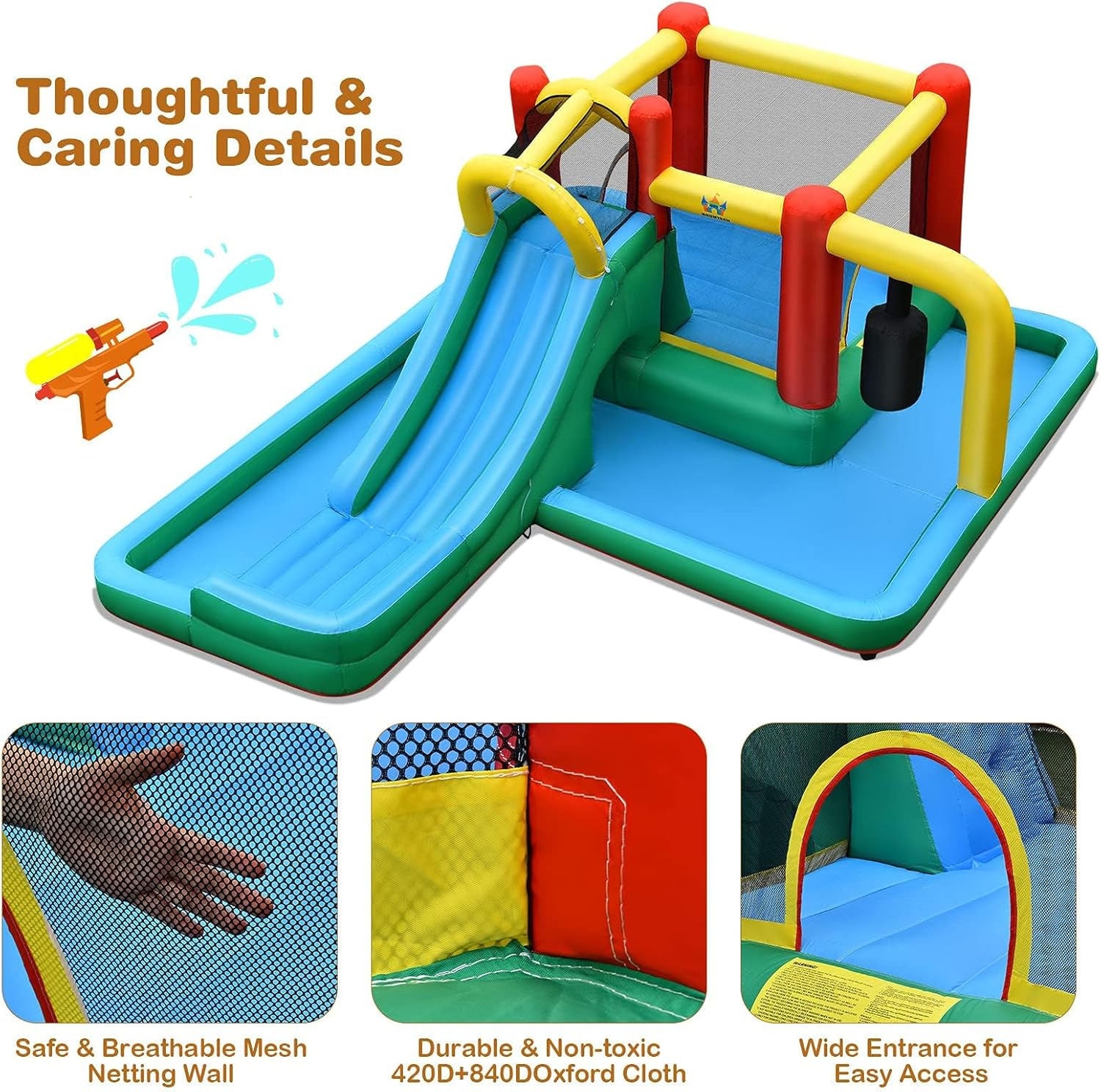 HONEY JOY Inflatable Water Slide, 6-In-1 Kids Water Slide Jumping Bounce House, Inflatable Pool with Slide, Climbing Wall, Tunnel, Pendulum, Blow up Water Slides for Backyard (Without Blower)