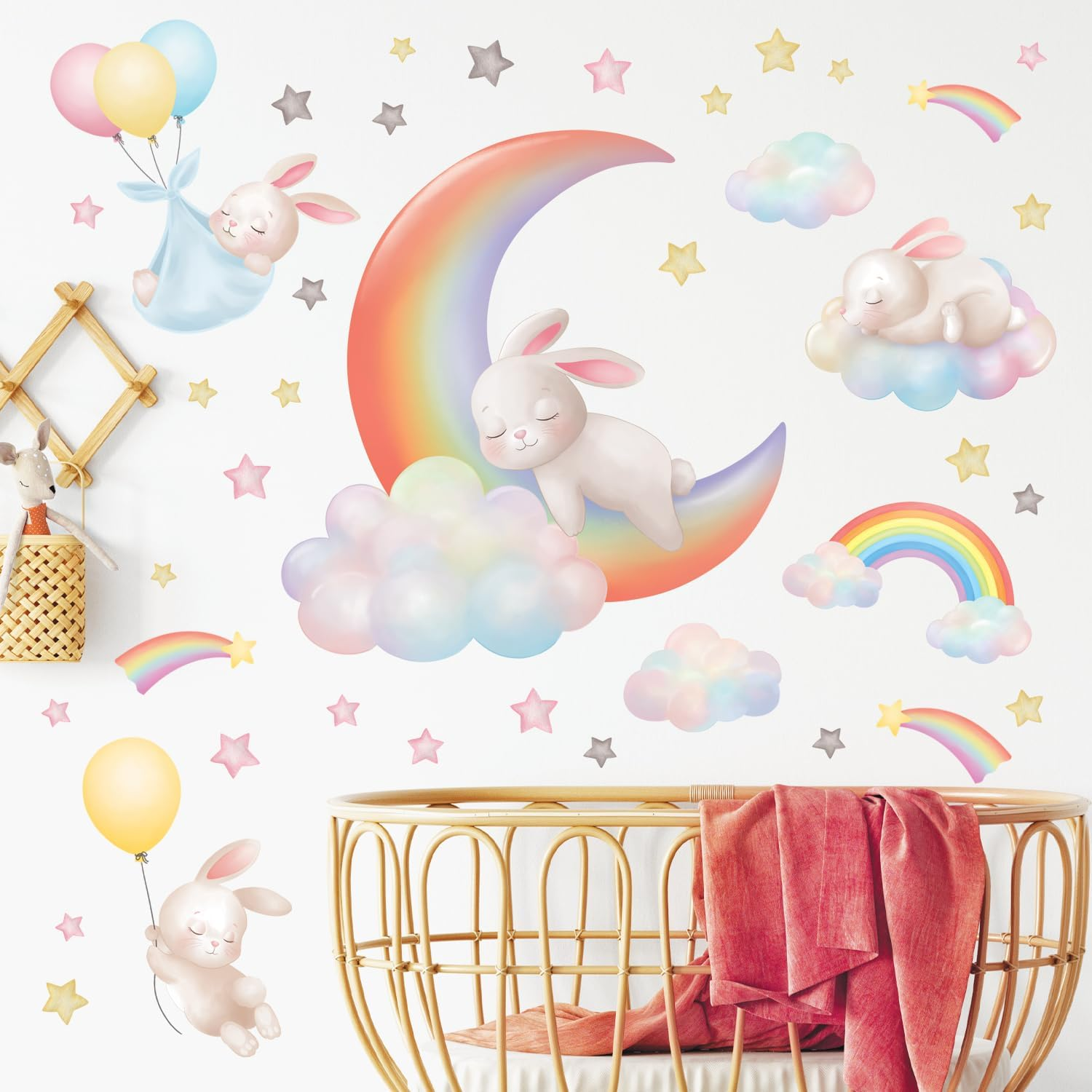 DECOWALL SG2-2313 Rainbow Moon Clouds and Rabbits Wall Stickers Decals Kids Dream Bedroom Star Room Nursery Girls Baby Decorations Girly Balloon Living Playroom image number 5