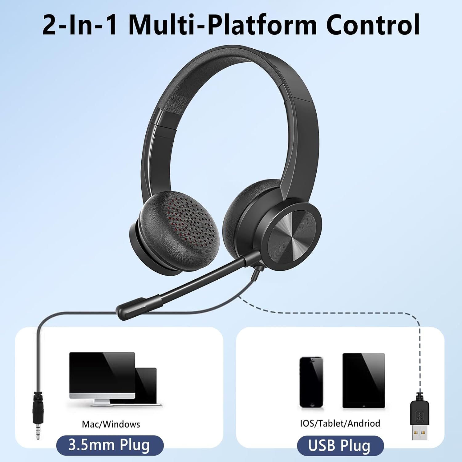 USB Headset with Mic, Wired over Ear Headphone, ANC and Noise Cancelling Microphone of 330 Degrees Rotation, Clear Crystal Sound, Adjustable In-Line Control Microphone, Comfortable Wearing Design image number 6