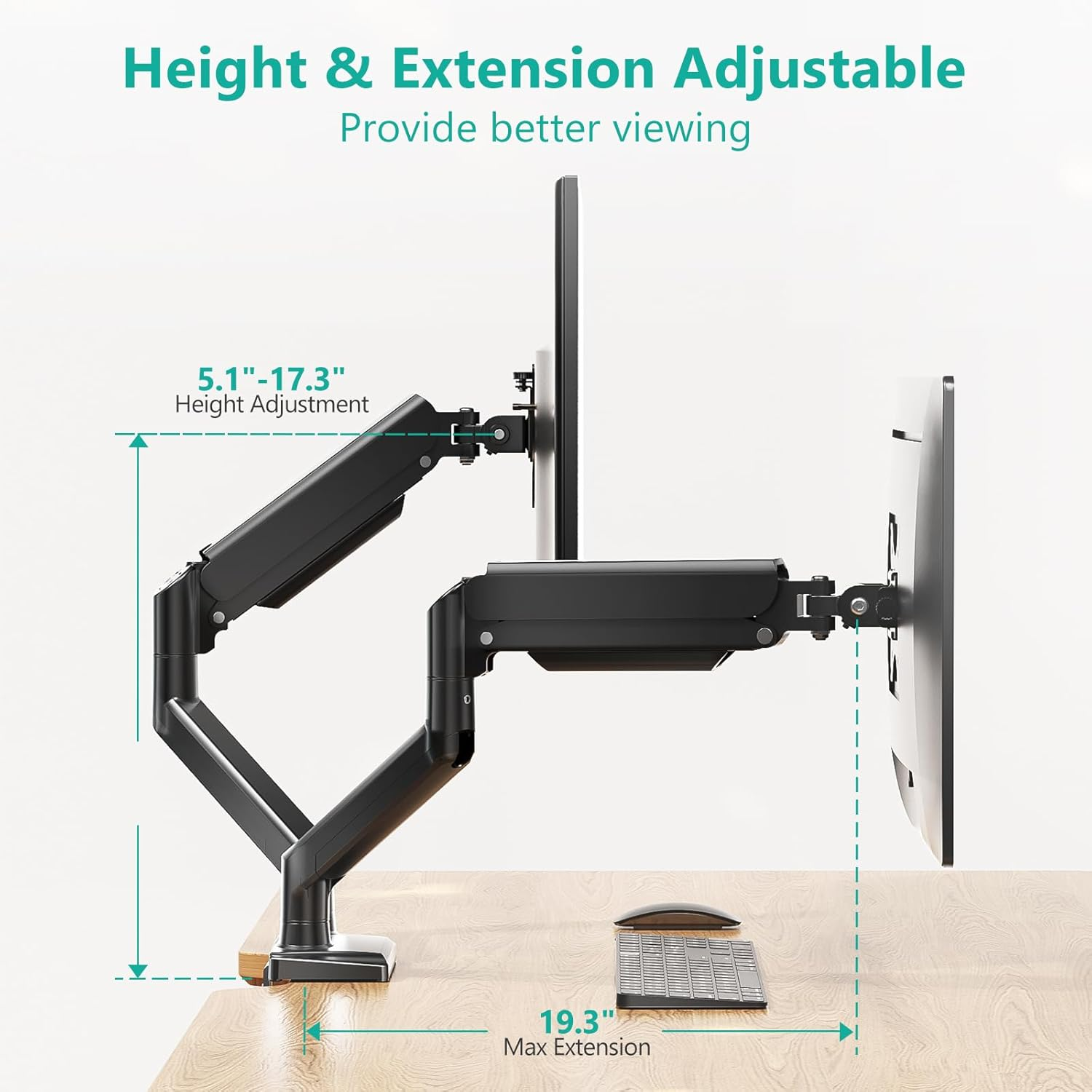 WALI Dual Monitor Mount, Adjustable Gas Spring Monitor Desk Stand for 2 Monitors, Heavy Duty Monitor Arm up to 32 Inch Screen, Hold up to MAX 22Lbs, Max Mounting Holes 100X100Mm (GSMP002N), Black image number 6