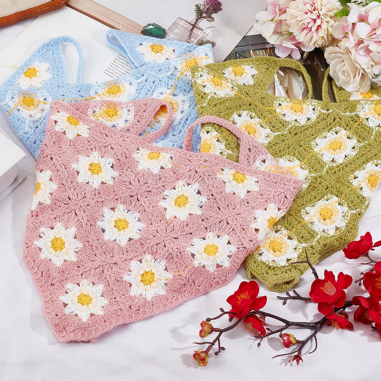 NICENEEDED 4 Pcs Crochet Bandanas Headbands, Flowers Knitted Headscarf Hairbands Foral Headwrap Knit Bandana Headband Scarf Tie-Back Head Coverings Hair Accessories