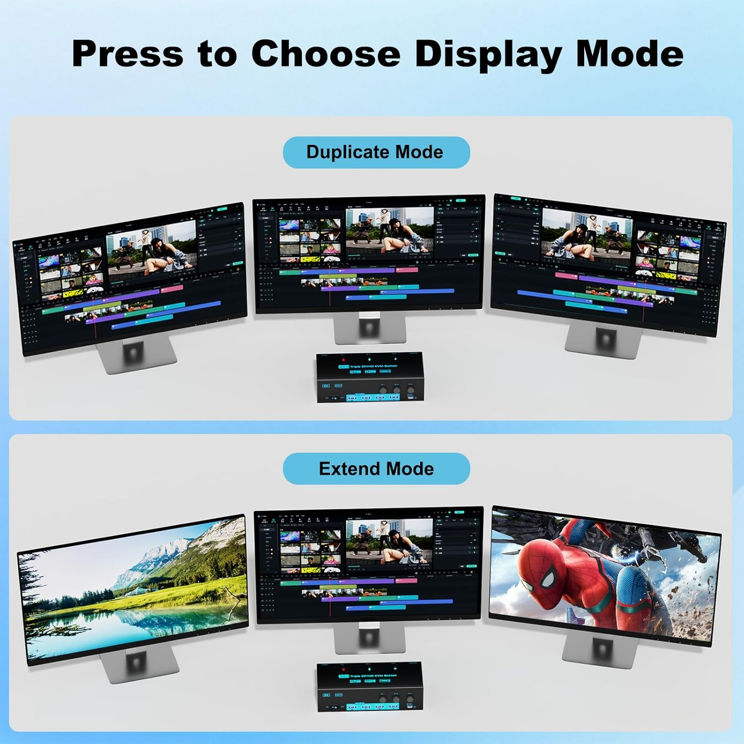 8K/4K KVM Switch 3 Monitors 3 Computers Triple Monitor 3 Port 2 Displayport 1.4 and HDMI 2.1 USB 3.0 KVM Switches, DP 1.4 Supports 8K@30Hz/4K@144Hz, HDMI Supports 8K@60Hz /4K@120Hz with Wired Remote image number 2