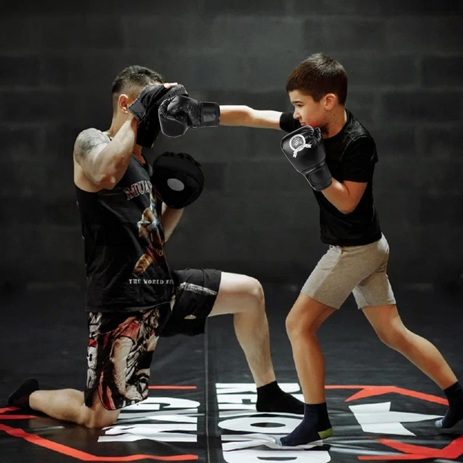 2-In-1 Boxing Equipment, Kids Boxing Gloves and Punching Mitts Set Karate Mitts Pad for Beginners Child Boxing Gloves for Muay Thai, Taekwondo, MMA Training image number 6