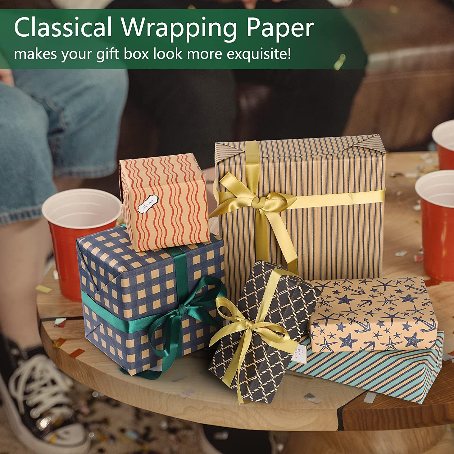 Hianjoo 6 Sheets Gift Wrapping Paper, 70&lowast;50Cm Gift Wrapping Papers Craft with 1 Sheets Gift Stickers 1 Double-Side Tape and 4 Ribbons for Decoration Party DIY Craft (70 * 50Cm), Plaid