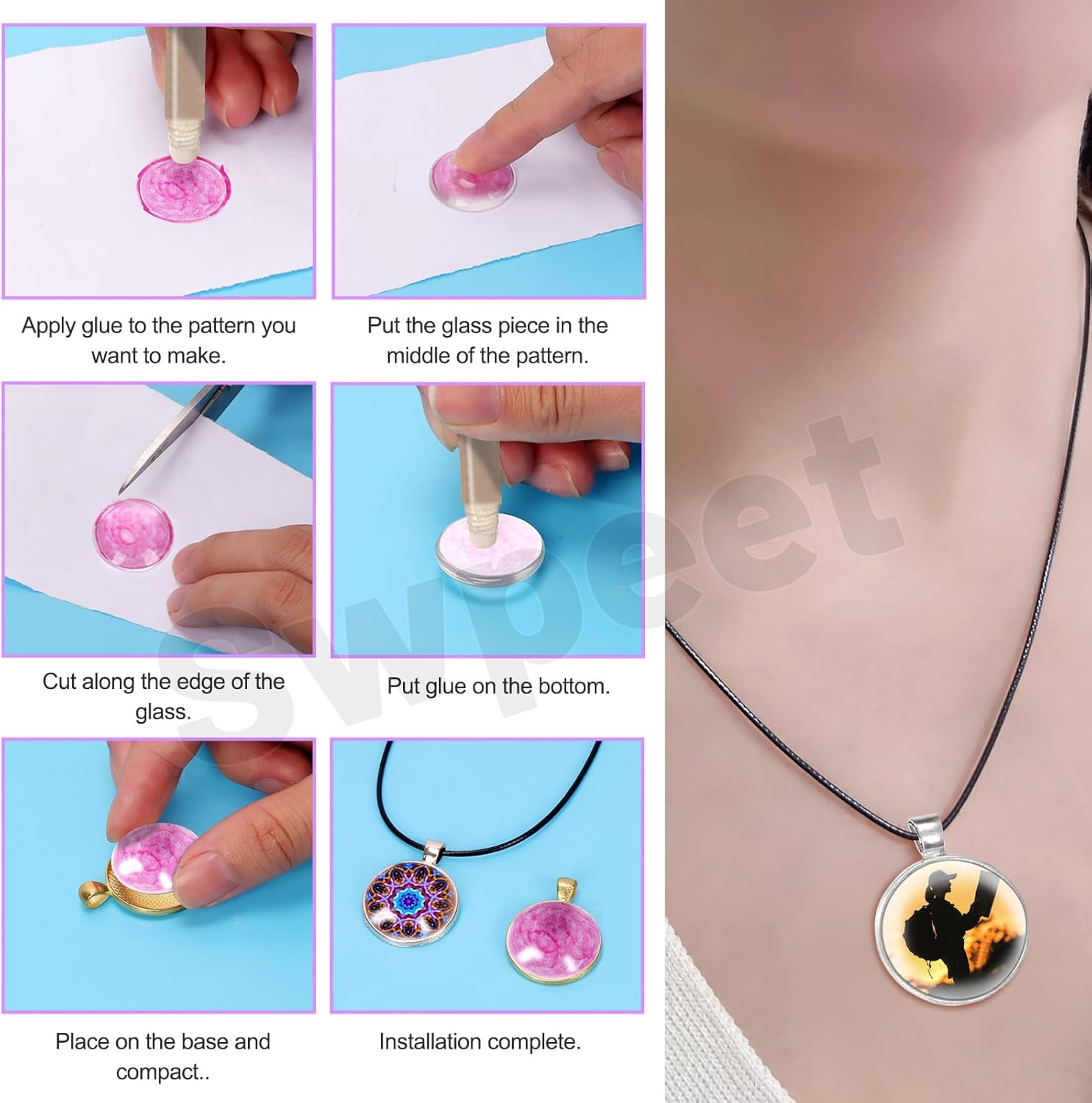 Swpeet 61Pcs 6 Colors round Pendant Trays Set for Jewelry Making, 30Mm round Bezel Pendant Trays, Clear Glass Cabochons, Chain and Waxed Necklace Cord for Photo Pendant image number 5