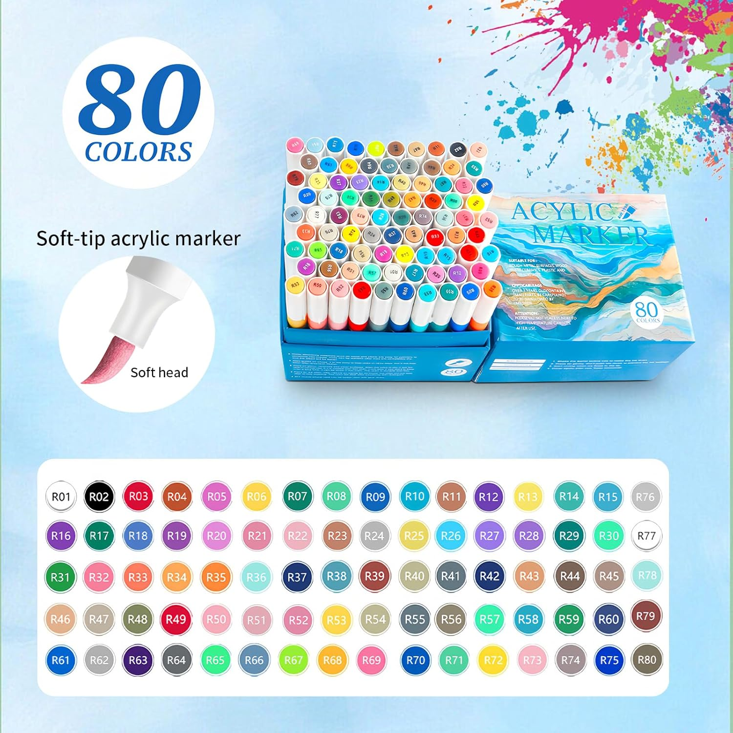 80 Colors Acrylic Paint Markers, Fabric Markers, Acrylic Markers, Acrylic Paint Pens, Opaque Waterbased Quick, for Wood, Canvas, Rock Painting, Glass, Ceramic Surfaces, DIY Crafts Making Art Supplies image number 6