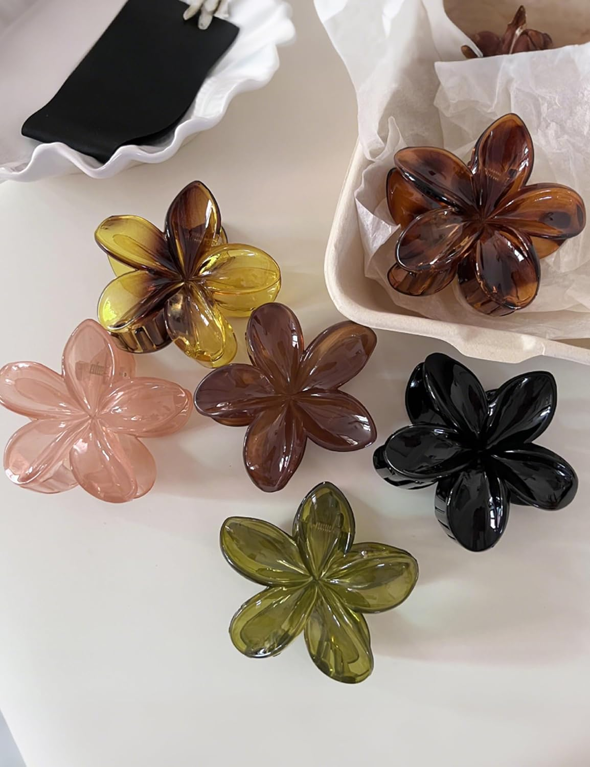 Hawaiian Plumeria Hair Accessories，6 Pcs Flower Claw Clips for Women，Strong Hold Nonslip Beach Tropical Hair Clips for Thick and Thin Hair (Amber) image number 2