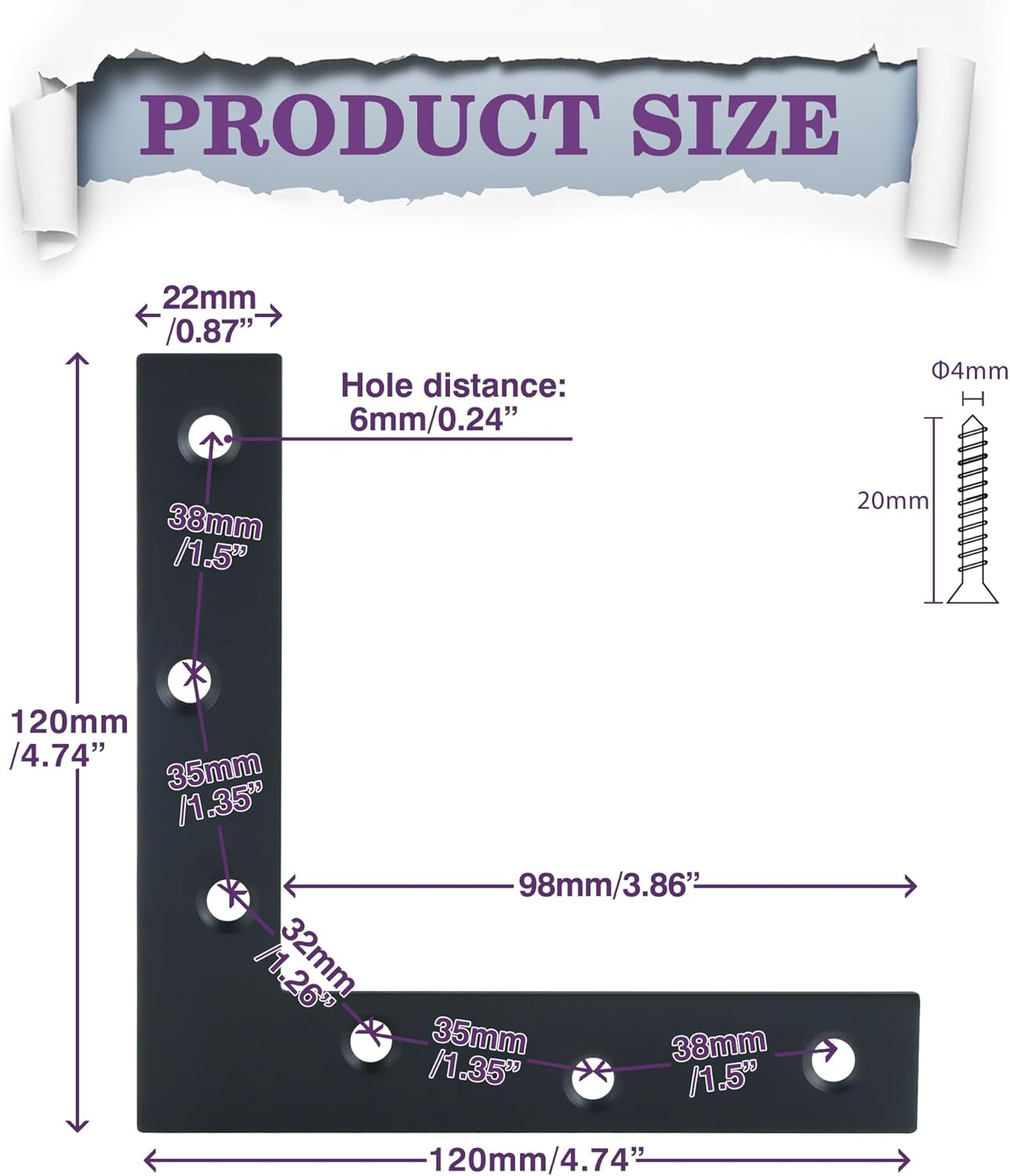 Alise L Flat Brackets,Corner Bracket Black Corner Brace Mending Plate Repair 120Mm X 120Mm Stainless Steel Flat Braces for Wood Tables, Chairs, Sofas, Beds, Cabinets, Doors and Windows,Pack of 8 image number 4