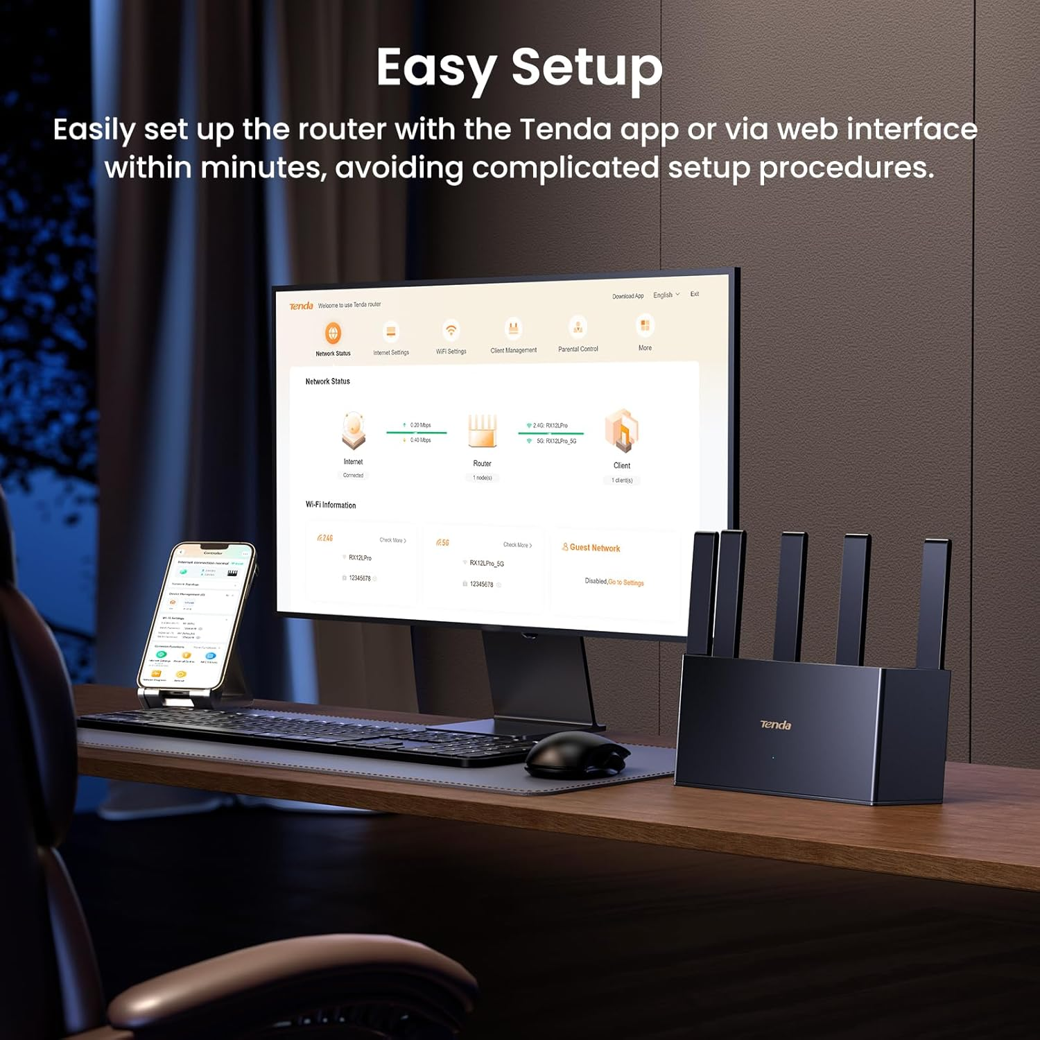 Tenda BE3600 Dual-Band Wi-Fi 7 Router, Ultra 3.6 Gbps Speed, 5 High Power FEM, 3 Full Gigabit Ports, New NFC Connect, Easy Setup, VPN, MLO, Parental Control, Access Point Mode, Vertical Router (RE3L) image number 3