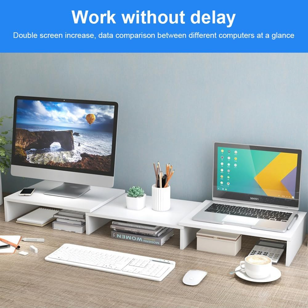 HHWRT Desk Monitor Stand with Drawer, Adjustable Length and Angle, Desktop Organizer Stand, Dual Monitor Stand Riser, Ergonomic Computer Screen Riser for Home and Office Desk Organization image number 1