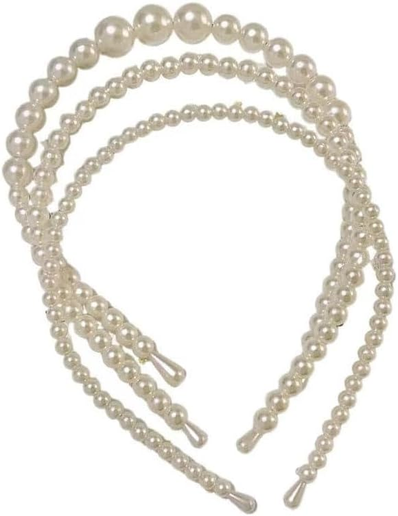 Leanockesa 3 Pcs Vintage Bridal Pearl Headband Set, Large Ivory Simulated Pearl Tiara Crown Hair Hoop for Women and Girls, Wedding Prom Party Hair Accessories (Beige,Three Styles) ﻿﻿ image number 1