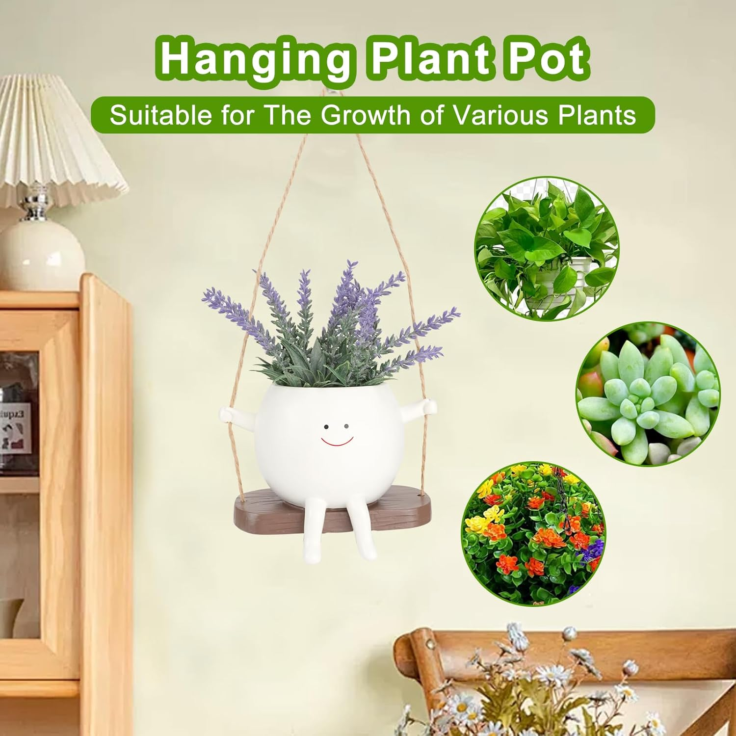 WRENYZK 2 Pcs Hanging Flower Pots, Resin Succulent Planter, Cute Swinging Planters, Funny Plant Holder with Hooks and Transplanting Tools, Suitable for Indoor and Outdoor Decoration image number 5