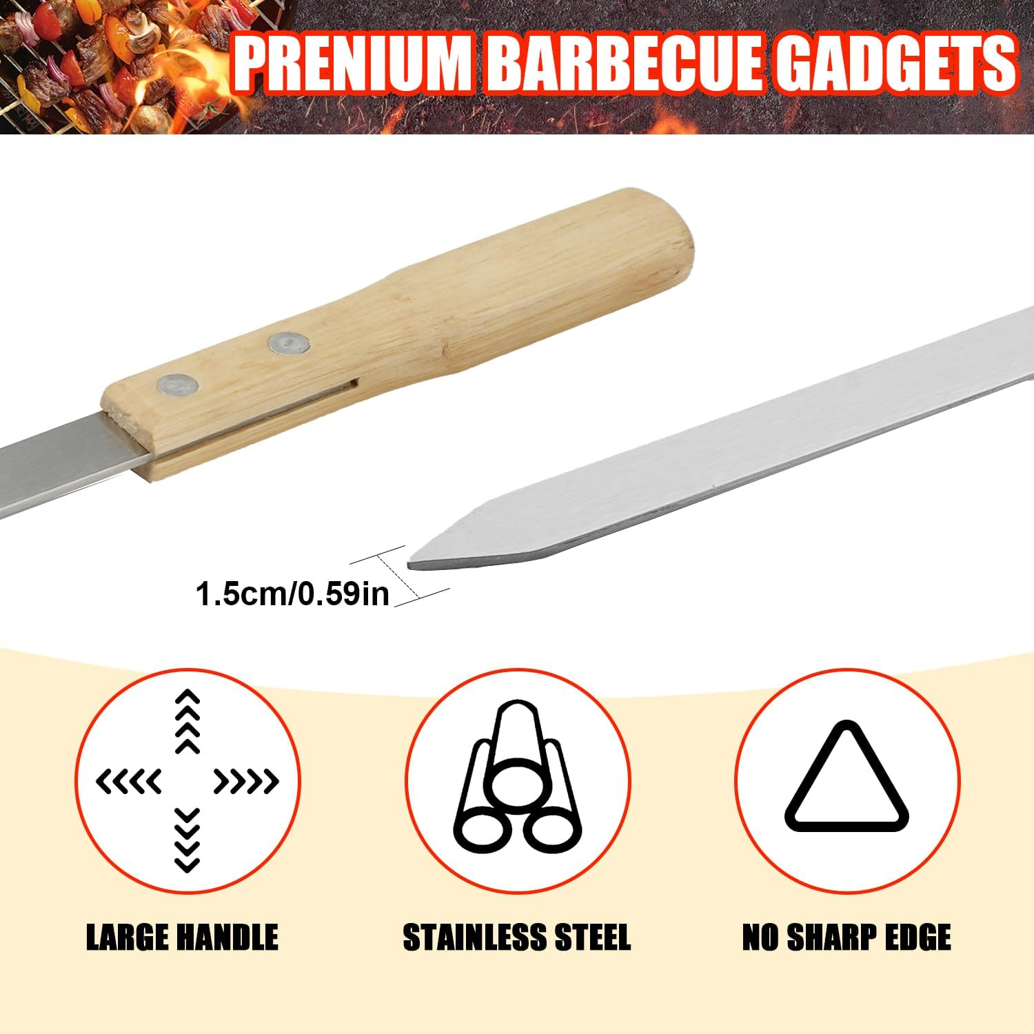 Professional Kabob Skewers, 23 Inch Heavy Duty Large Wide Reusable BBQ Barbecue Skewers, Stainless Steel Sticks with Nonslip Wooden (Flat-12 Pcs) - Flat-12 Pcs image number 2