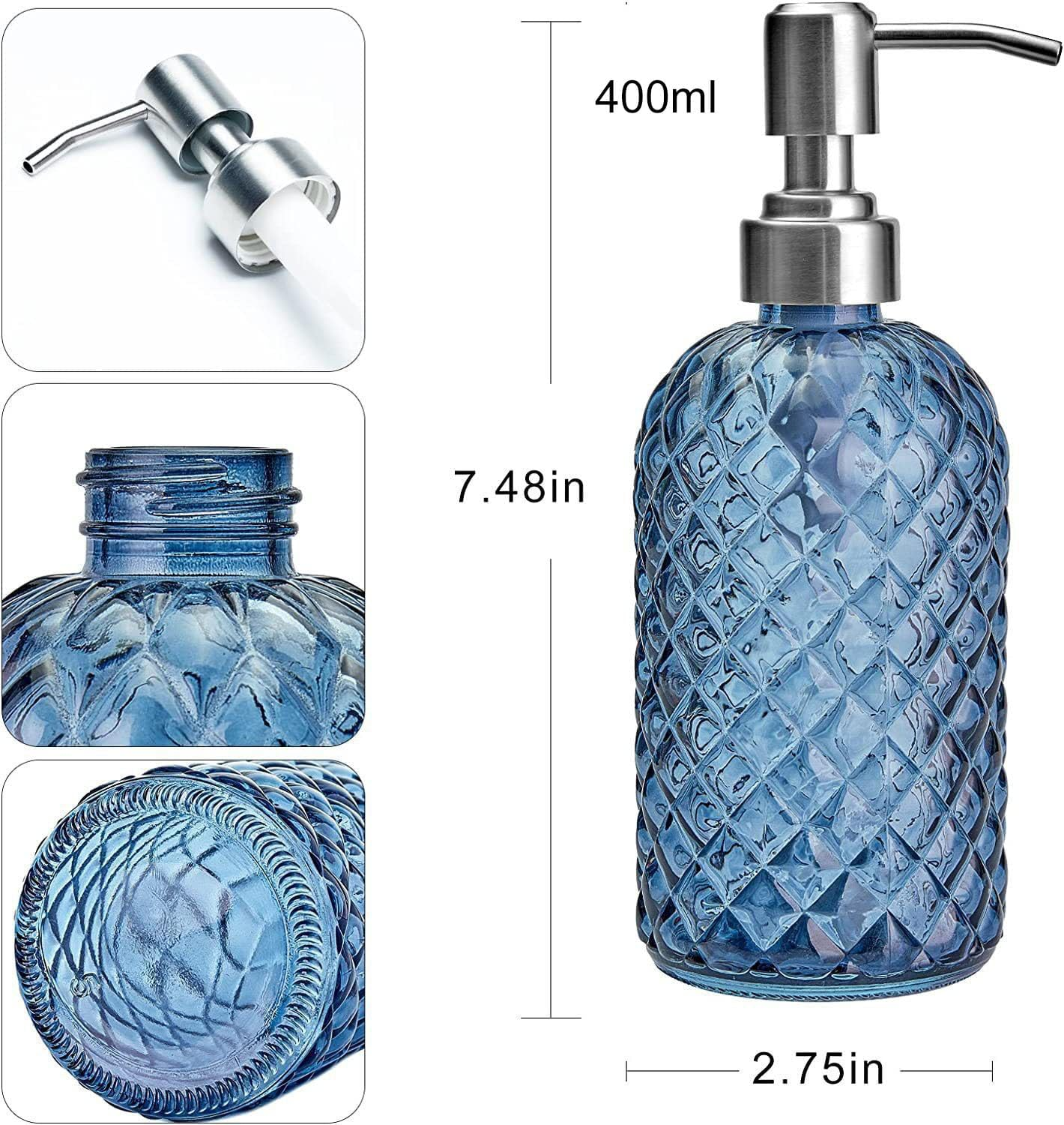 AXIM Glass Soap Dispenser with Stainless Steel Pump, 400Ml Refillable Lotion Soap Bottle, Dish & Hand Soap Dispenser, Home Decoration (2 Pc/Blue) image number 4