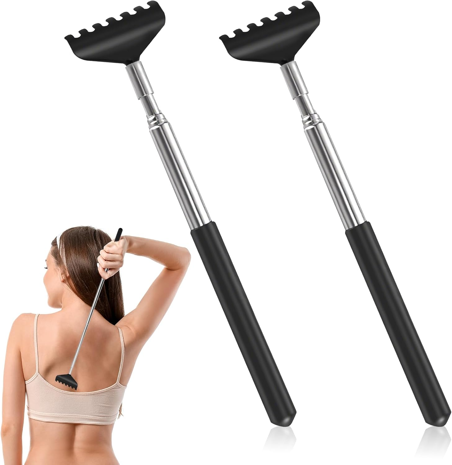 Ozessence 2 Pcs Back Scratcher, Portable Stainless Steel Telescoping Back Scratcher Pack for Adults Men Women Gifts, Itch Relief Tool with Rubber Handle (21-68Cm) (2 Pcs)