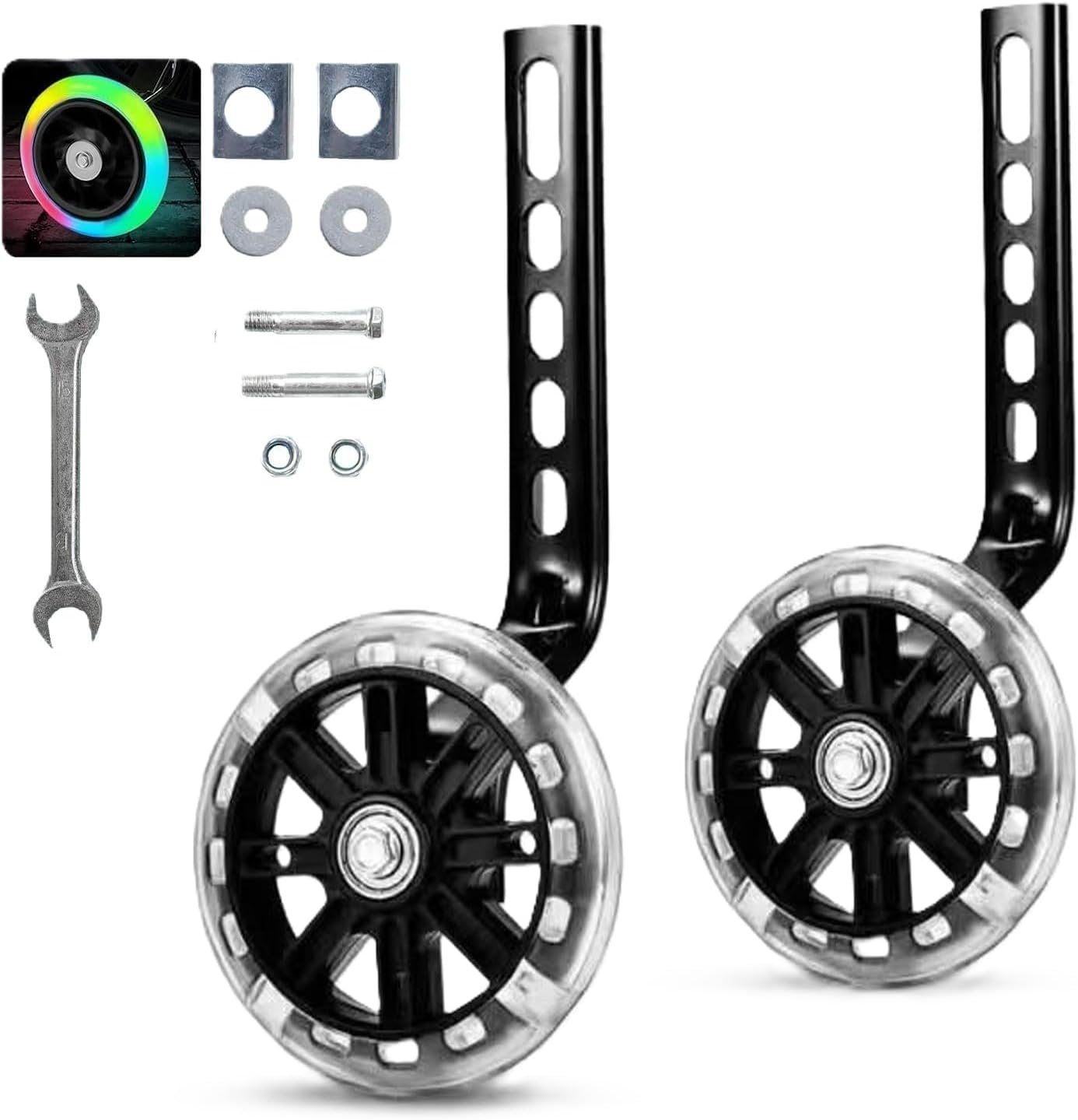 Flashing Kids Bicycle Training Wheels, Adjustable for 12/14/ 16/18/ 20/ Inch Bicycle Stabiliser, Adjustable Height, Training Wheels for Kids Bike Complete Installation Kit Included 1 Pair (Black) image number 4