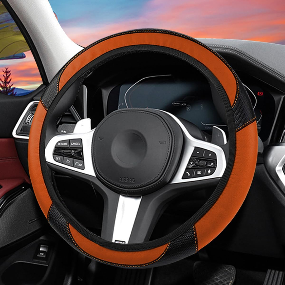 Bittwee Car Steering Wheel Cover, Anti-Slip PU Leather & Carbon Fiber Steering Wheel Protector, Universal 14.5-15 Inch, Automotive Interior Accessories, Fit for Most Cars Suvs (Orange) image number 6