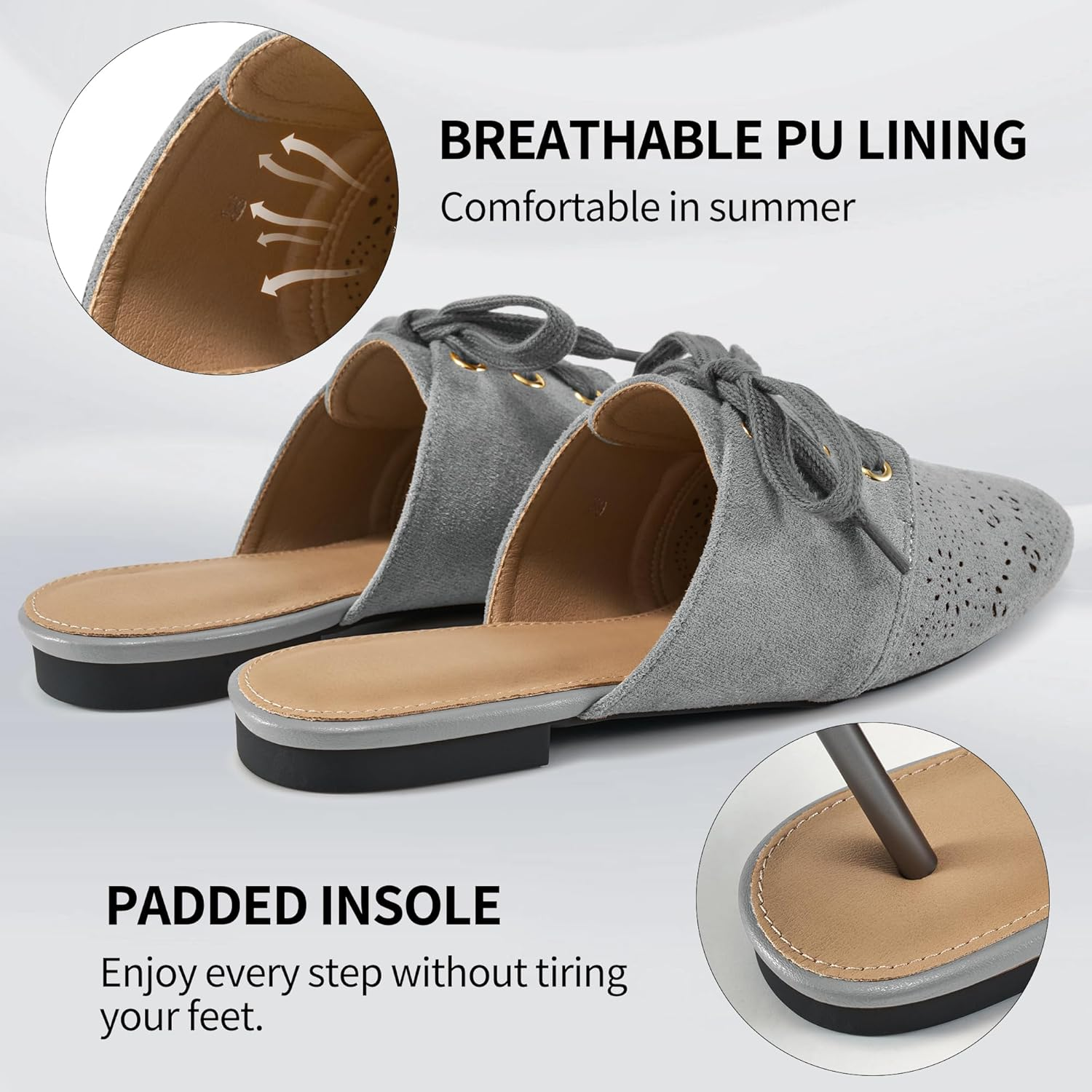 HARENCE Mules for Women Flats Shoes: Comfort round Toe Backless Loafers Casual Slip on Lace up Dressy Suede Mule image number 5