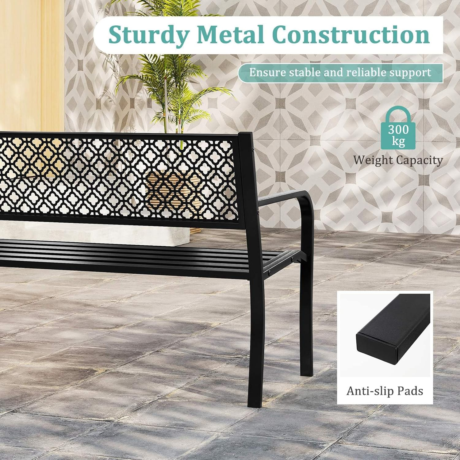 Costway 127 Cm Outdoor Garden Bench, Metal Patio Bench with Geometric Lattice Backrest, Armrests and Slatted Seat, Outdoor Loveseat Chair for Porch, Lawn and Yard (Black) image number 6