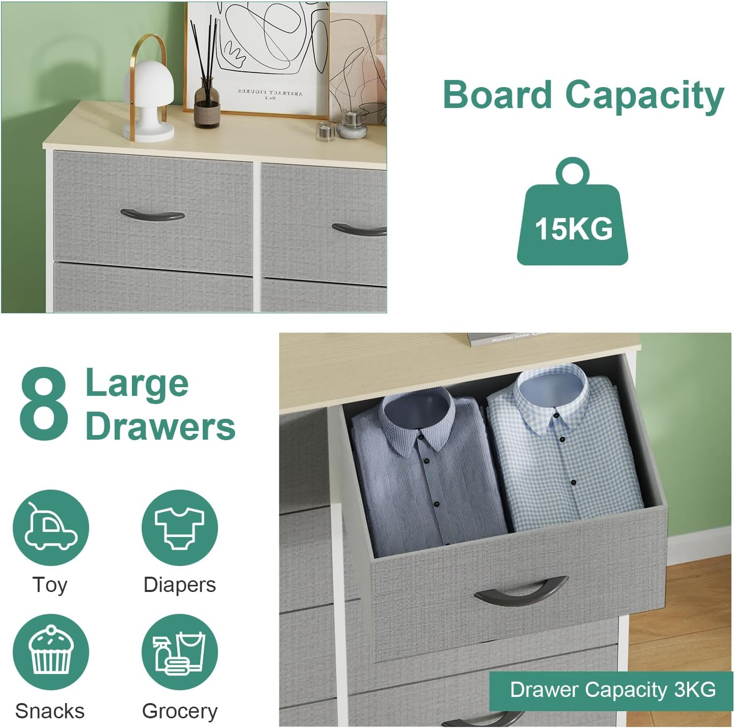 Ufurniture Chest of 8 Drawers Lowboy Clothes Storage Cabinet Organizer Fabric Tower Dresser Clothes Toys Storage Unit for Bedroom,Living Room,Office,Hallway,Entryway, Biege image number 4