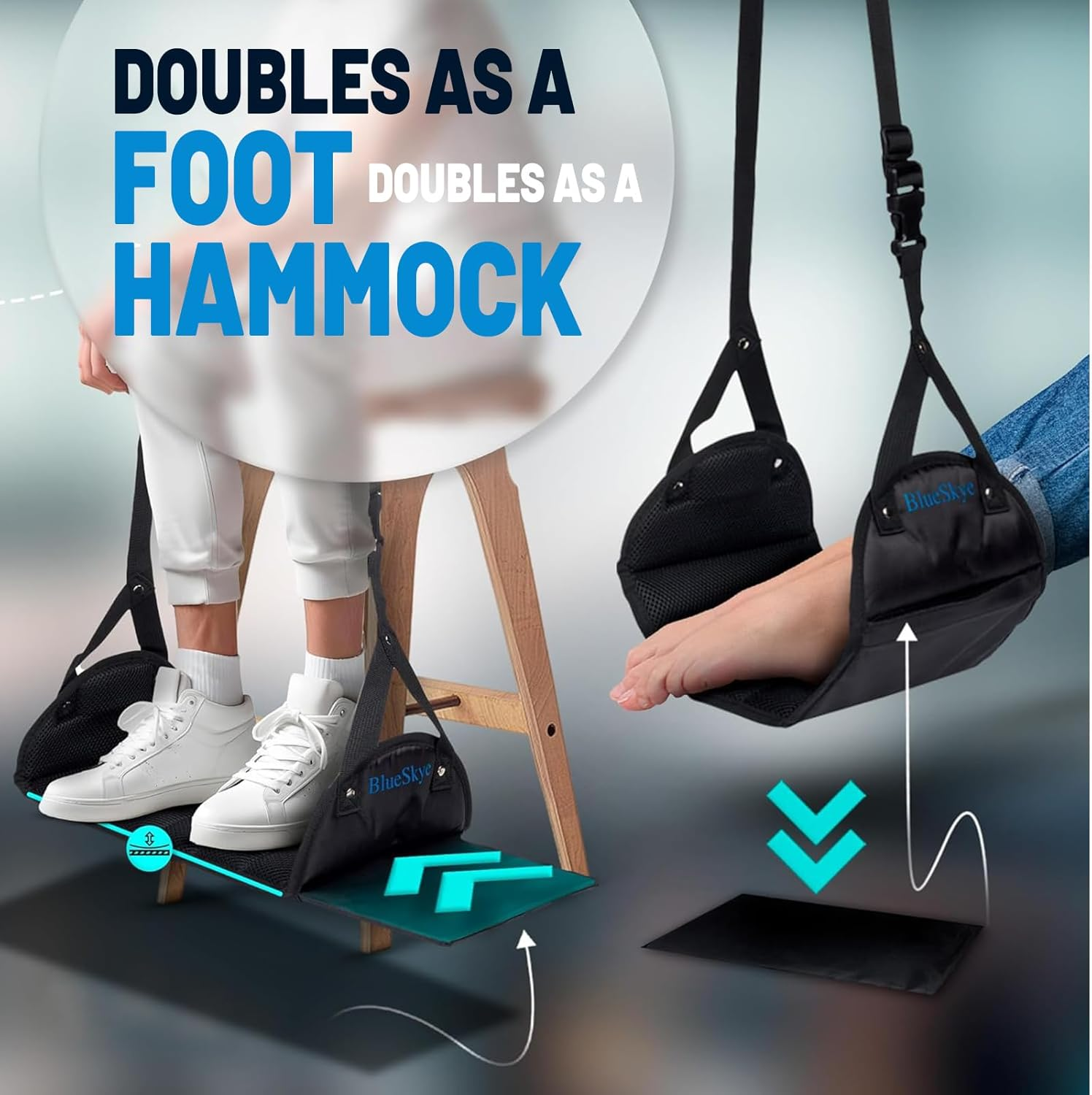 Blueskye Adjustable Travel Foot Rest & Hanging Foot Hammock - Portable, Foldable for Airplane, Office, Car & Home Use - Anti-Swelling, Soft Padded with Removable Rigid Base - Ideal for Long Flights & Desk Work image number 3
