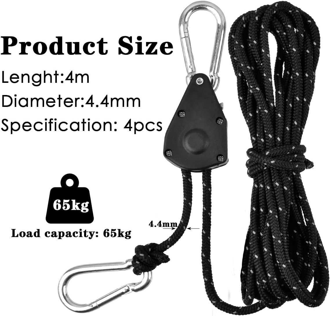 4M Reflective Tent Guy Ropes Ratchet 4PCS, 4Mm Tent Guy Ropes Tensioners with Pulley, Adjustable Tent Camping Rope Cord Heavy Duty Tent Guide Rope Grow Lights Ratchet Hangers for Awning Camping Hiking