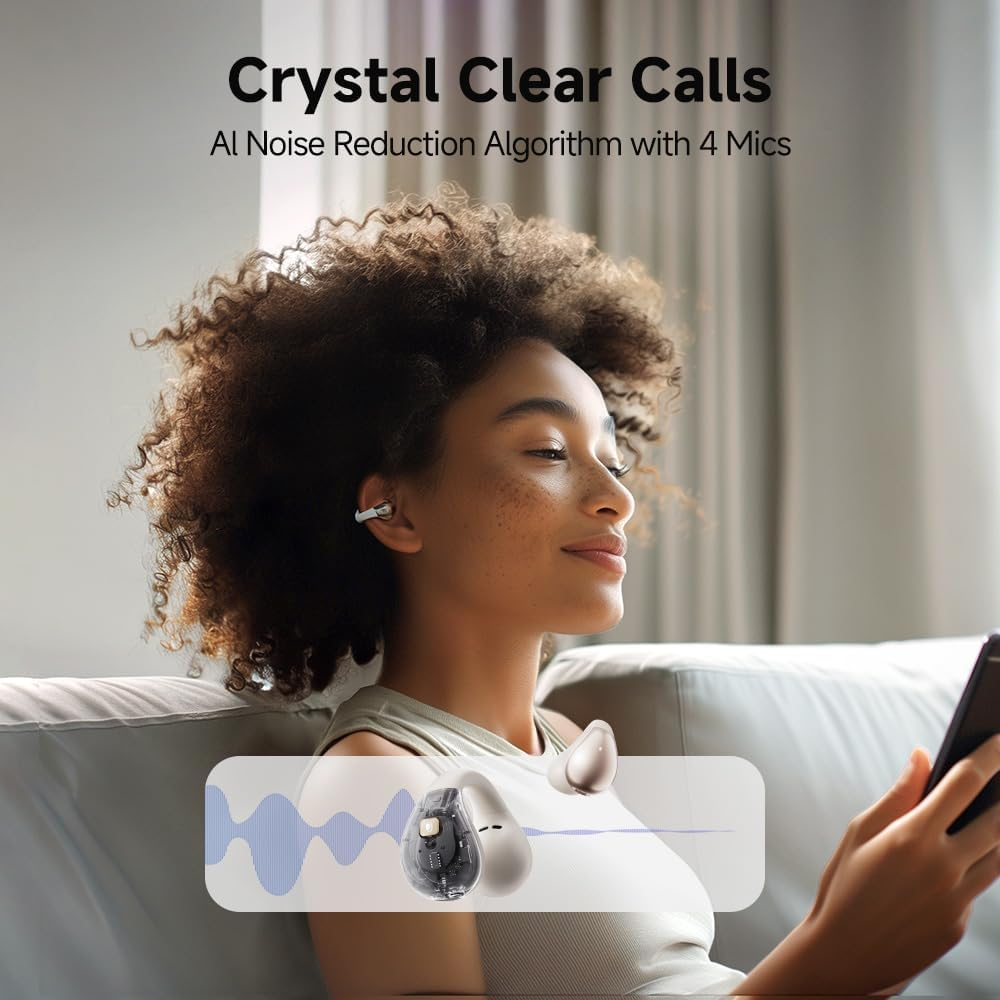 QCY Crossky C30 Open Ear Earbuds Wireless Bluetooth, Clip-On Headphones with 4 ENC Noise Cancelling Mic, Stable Fit, Dual Connection, EQ Customized, Sports Earphones for Workout/Running (White) - Black image number 7