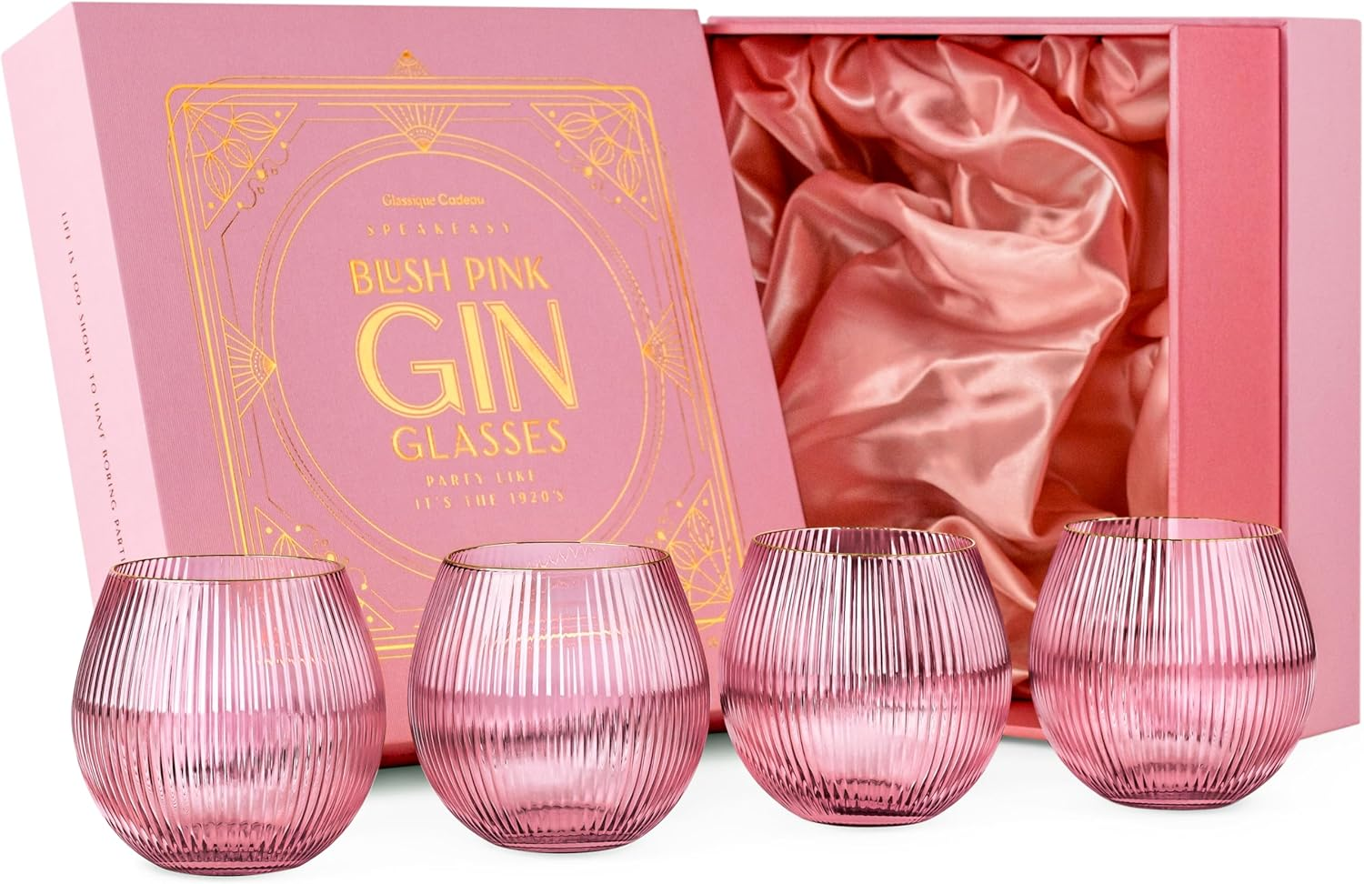 GLASSIQUE CADEAU Vintage Art Deco Ribbed Gin Tonic Cocktail Glasses in Delicate Pink with Gold Rim, Set of 4, 400 Ml Ribbed Crystal Gin Glasses for Cocktails, Gift Set for Gin Lovers image number 6