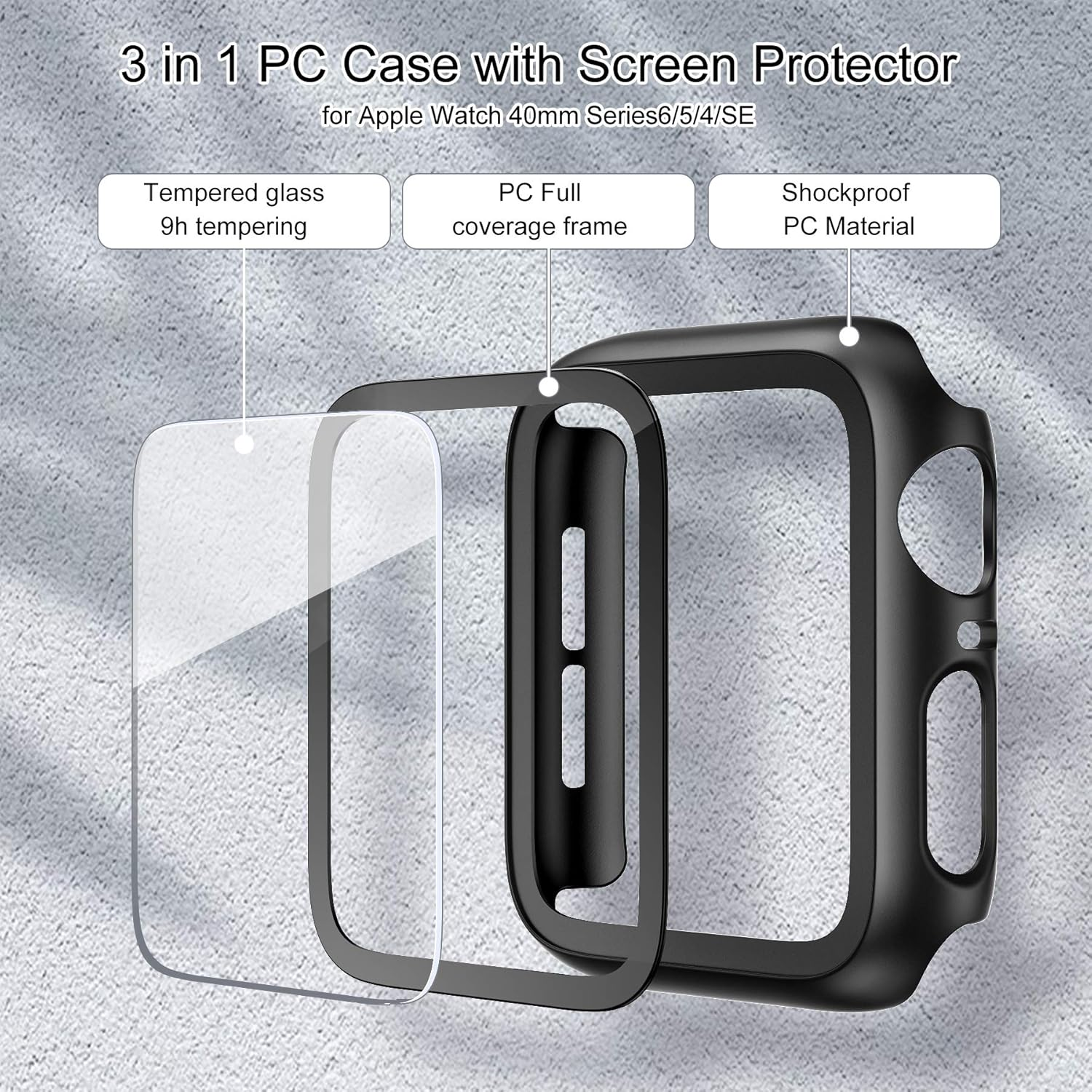 EDIMENS 2 Pack Hard PC Case Compatible with Apple Watch Series 6 / SE / 5/4 40Mm Women Men, Overall PC Case Slim Tempered Glass Screen Protector Protective Cover for Apple Iwatch 40Mm SE Black image number 3
