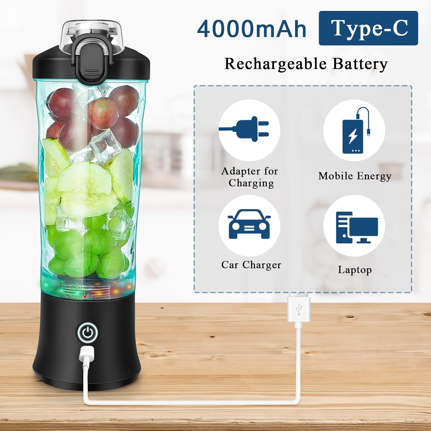 Portable Blender for Smoothies and Shakes, USB-C Rechargeable, Includes Lid and 6 Stainless Steel Blades, 20Oz, Bpa-Free Fruit Protein Cup for Outdoor Travel Family and Sports Bottles image number 6