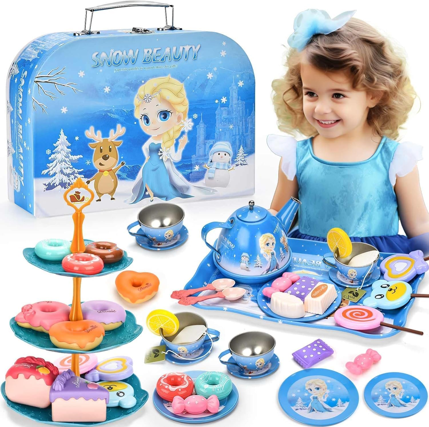 MINNOT Tea Party Set for Little Girls - Frozen Toys for Girls - Elsa Princess 46 Pack Kids Kitchen Pretend Toy with Tin Tea Set, Desserts & Carrying Case - Birthday Gift for Age 3 4 5 6 Year Olds