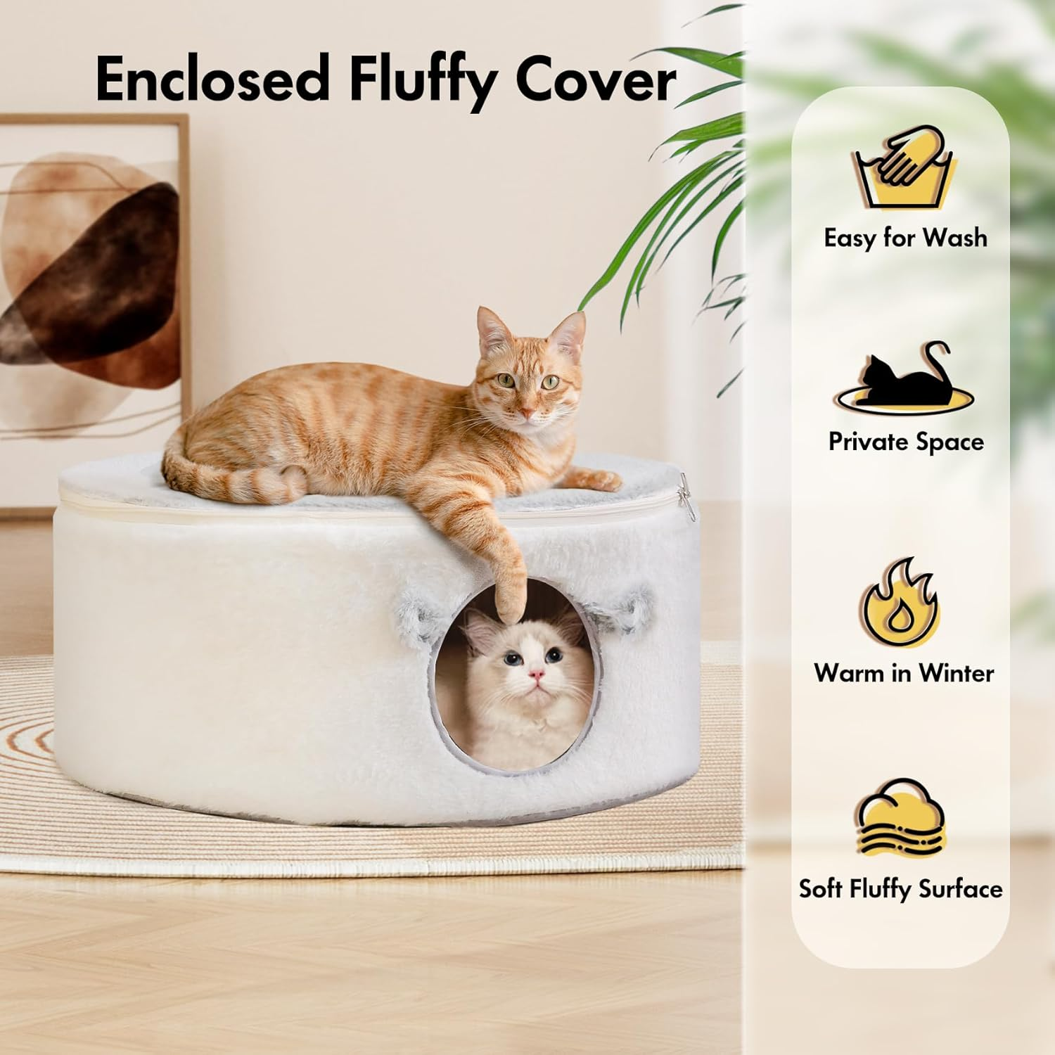 Cat Bed for Indoor Cats, Fluffy Cave Large Enclosed House Pet Hammock with Removable Washable Cover for Sleeping Kittens, Small Dog, Oval Hideaway image number 5