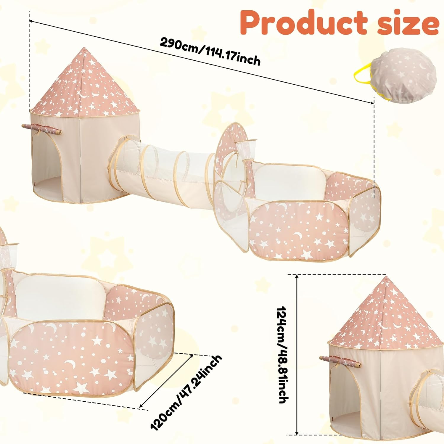 3Pcs Kids Play Tent with Tunnel for Baby Toddlers Comfortable Kids Play Tent with Ball Pit Multipurpose Pop up Play Tent for Kindergarten Picnic Party image number 3