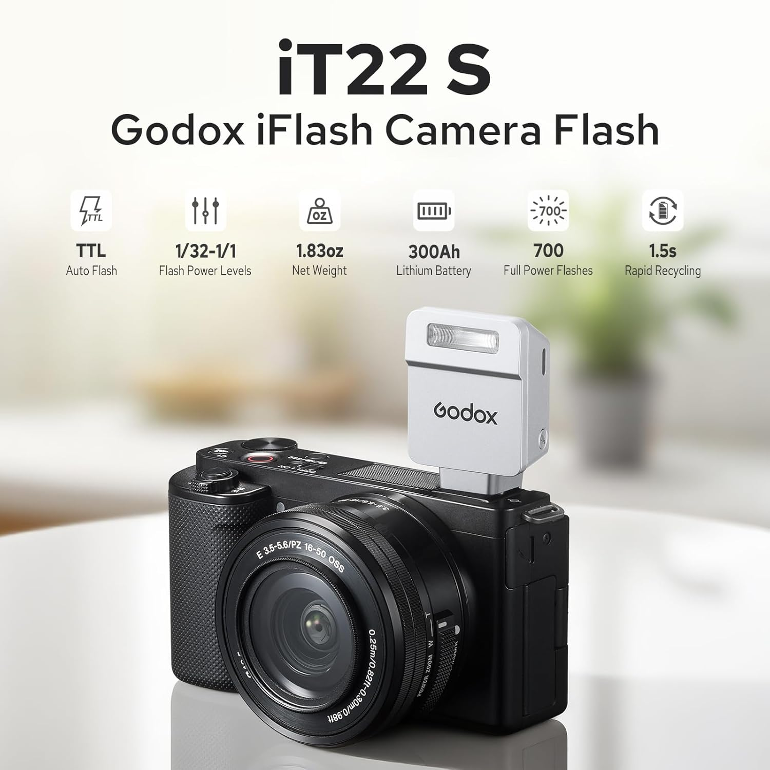 Godox It22 S TTL Mini Flash for Sony Cameras, Mini Camera Flash Speedlite W/Rechargerable Battery & Magnetic Color Filter, 700 Full Power Flashes (Silver) image number 2