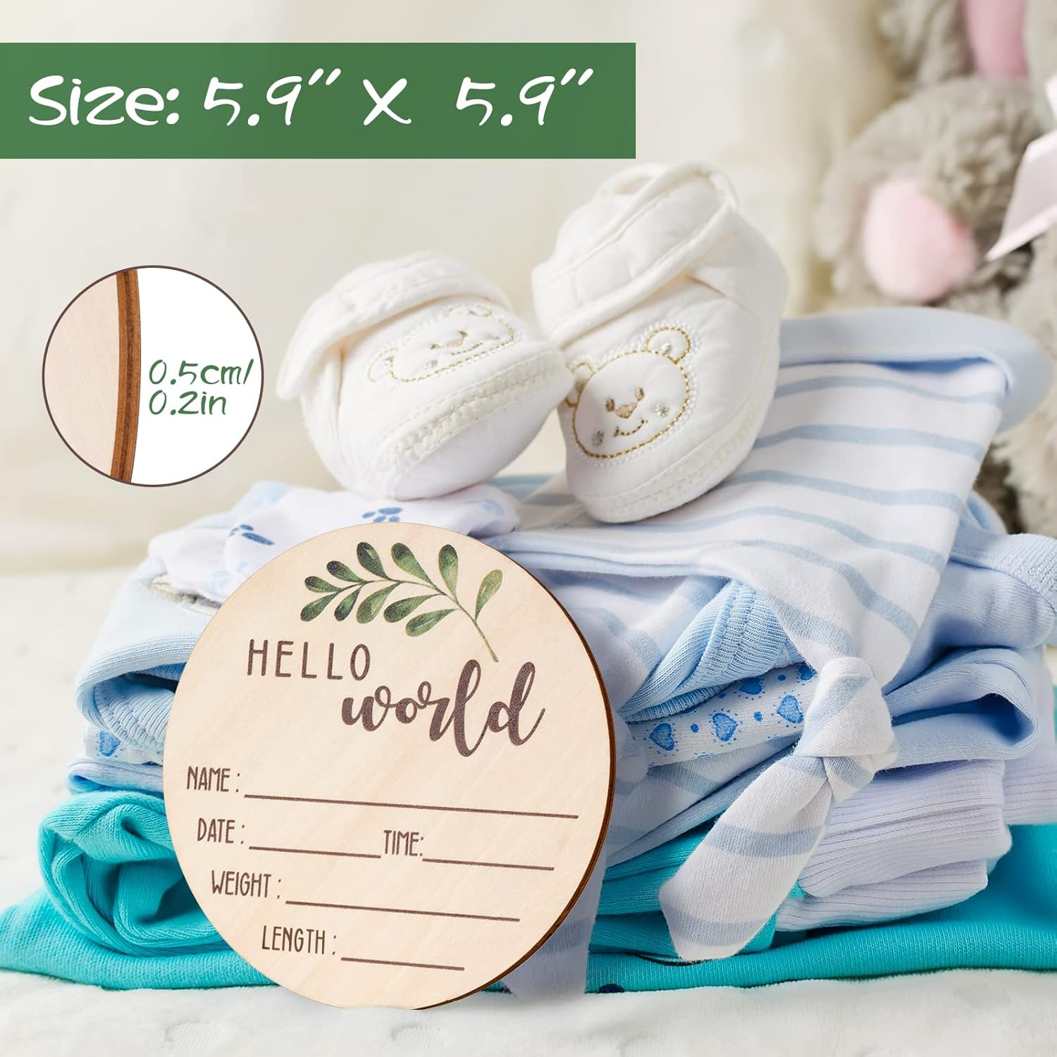 Baby Announcement Sign for Newborn - Beautiful Double-Sided Hello World Name Sign for Hospital Birth Announcement, the Perfect round Wooden Welcome Baby Board for New Boy and Girl Gifts image number 3
