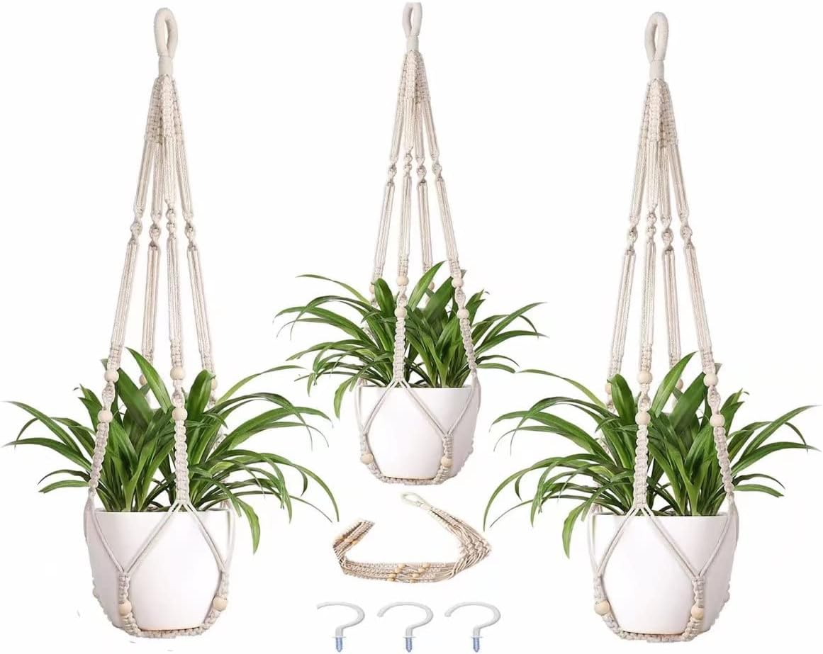 Macrame Plant Hanger 3 Pack Indoor Outdoor Hanging Planter Basket Rope 41 Inch Wall Hanging Planters Basket Cotton Rope No Beaded Tassel Ceiling Plant Hanger with 6 Hooks Boho Home Terrace Decor -Grey