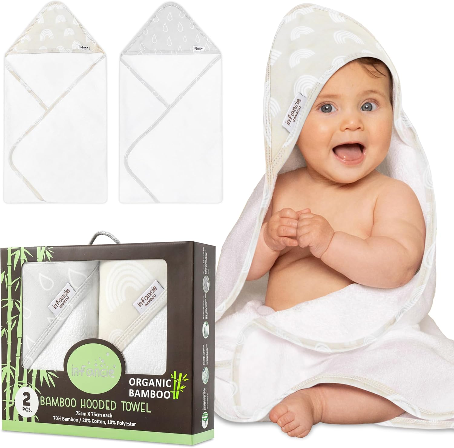 Baby Orgainc Hooded Towel, Premium Bamboo Infant, 2-Pack, 75X75 Cm, Soft Newborn Bath with Hood for Baby Girls & Boys (Seafoam Green/Baby Blue)