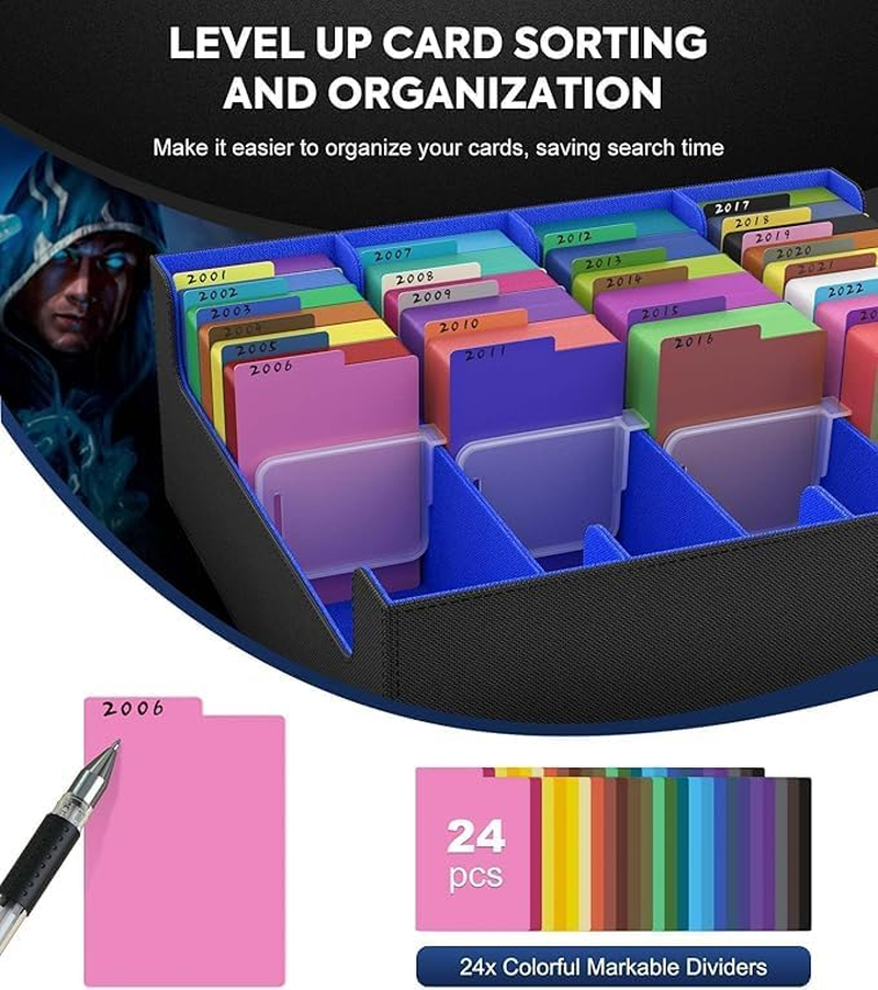 Trading Card Storage Box - 2400+ MTG Deck Box with 24 Colorful Dividers & 4 Card Supporters. Fits for Magic Game Cards, Yugioh, TCG, PTG and Sport Cards, Black Blue. image number 2